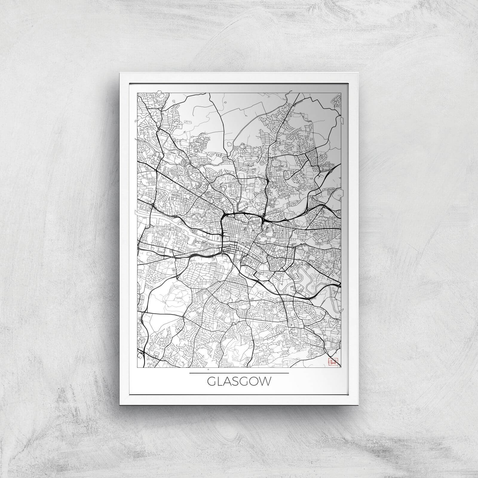 City Art Black and White Outlined Glasgow Map Art Print - A3 - White Frame