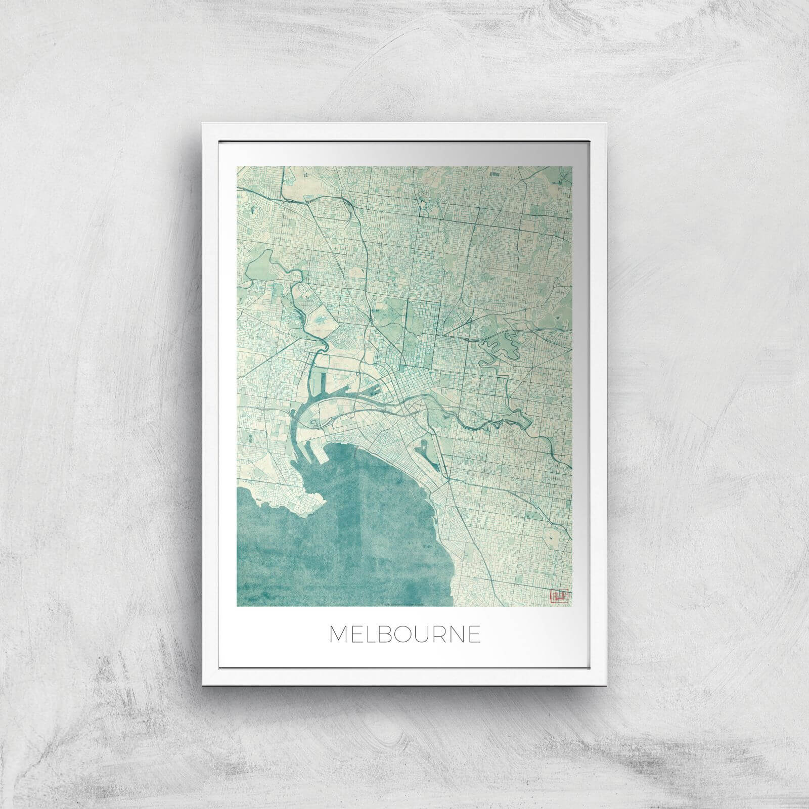 City Art Coloured Melbourne Map Art Print - A3 - White Frame