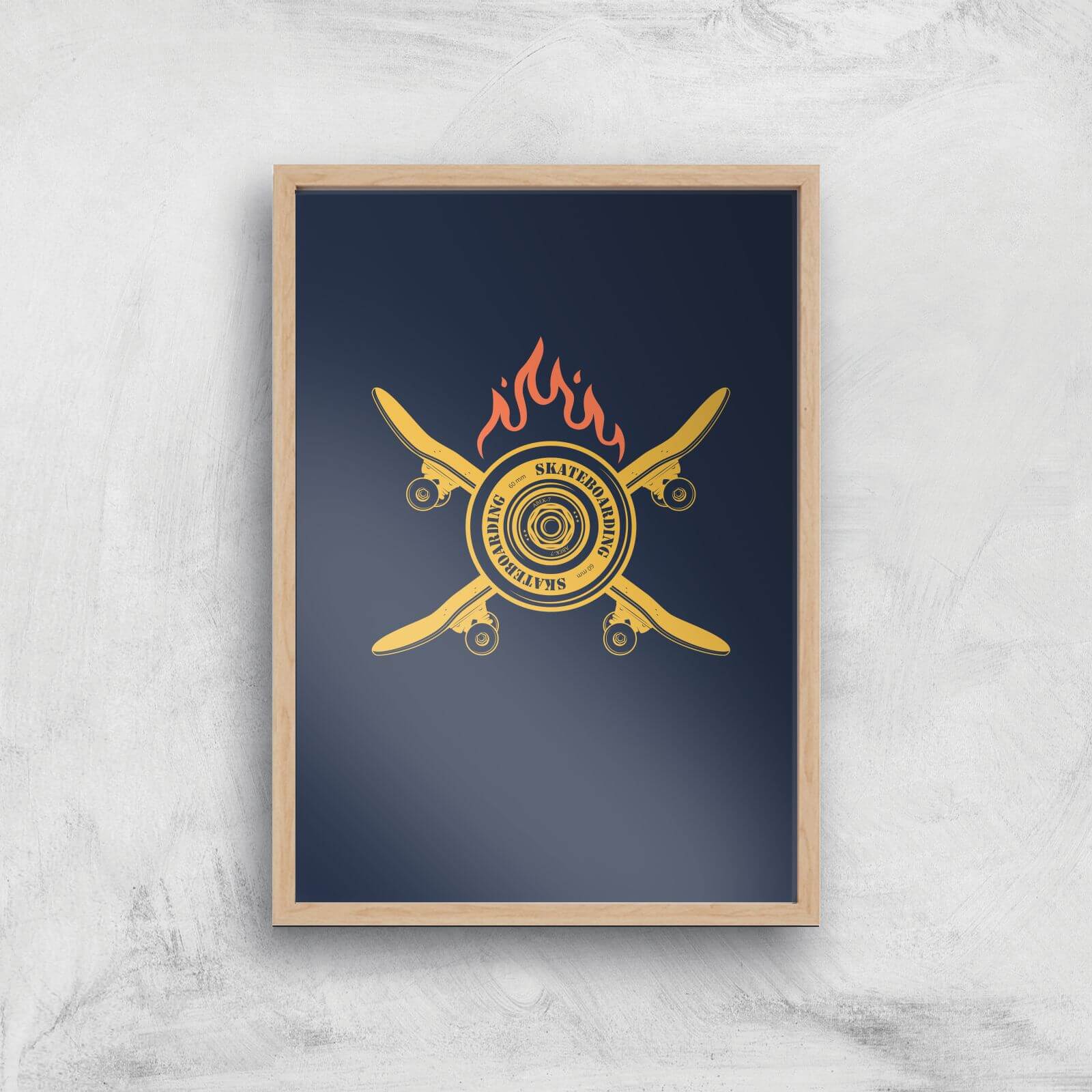 Skateboards On Fire Art Print - A4 - Wood Frame