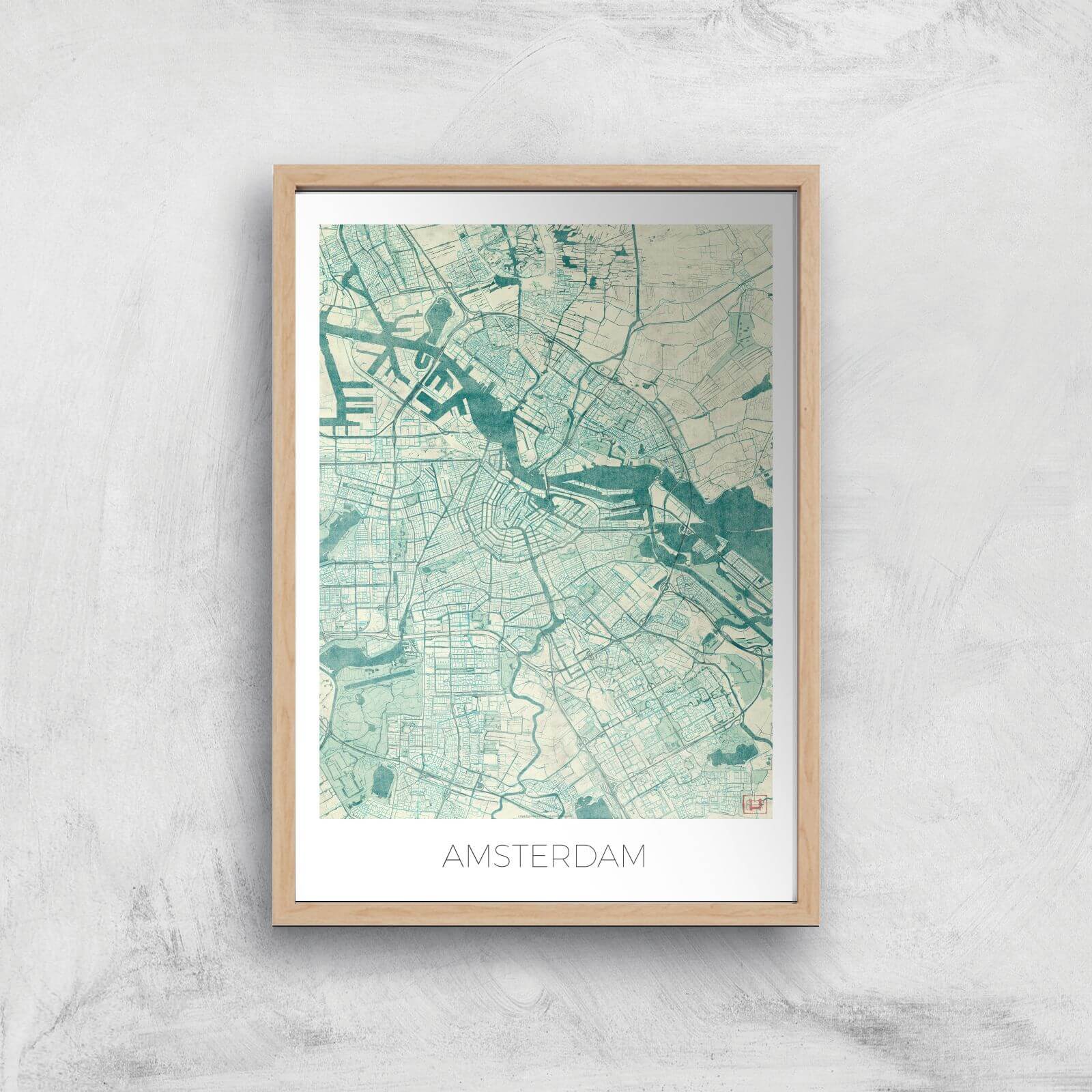 City Art Coloured Amsterdam Map Art Print - A4 - Wood Frame