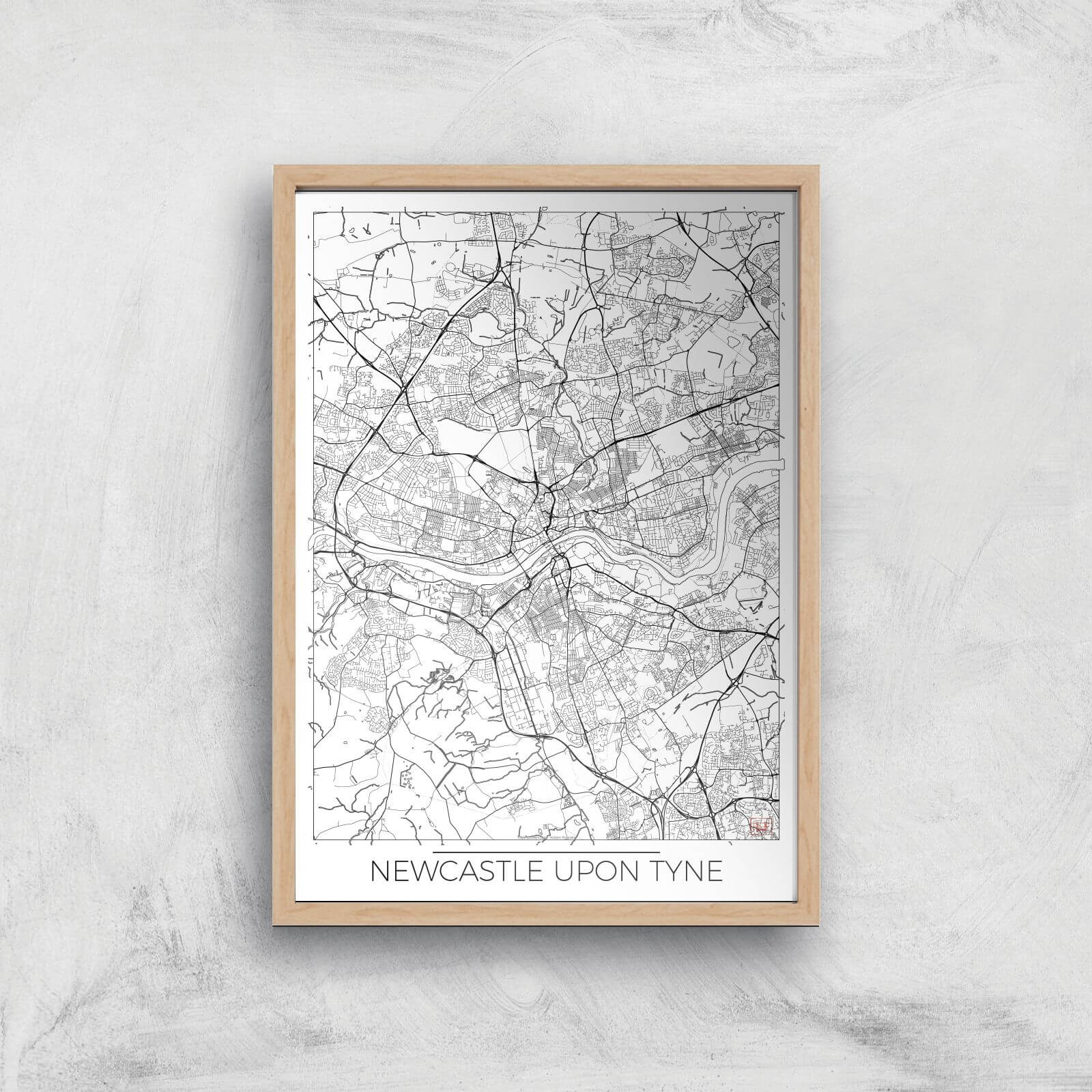 City Art Black and White Outlined Newcastle Map Art Print - A4 - Wood Frame