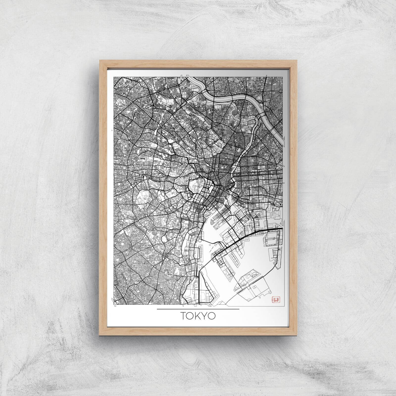 City Art Black and White Outlined Tokyo Map Art Print - A4 - Wood Frame