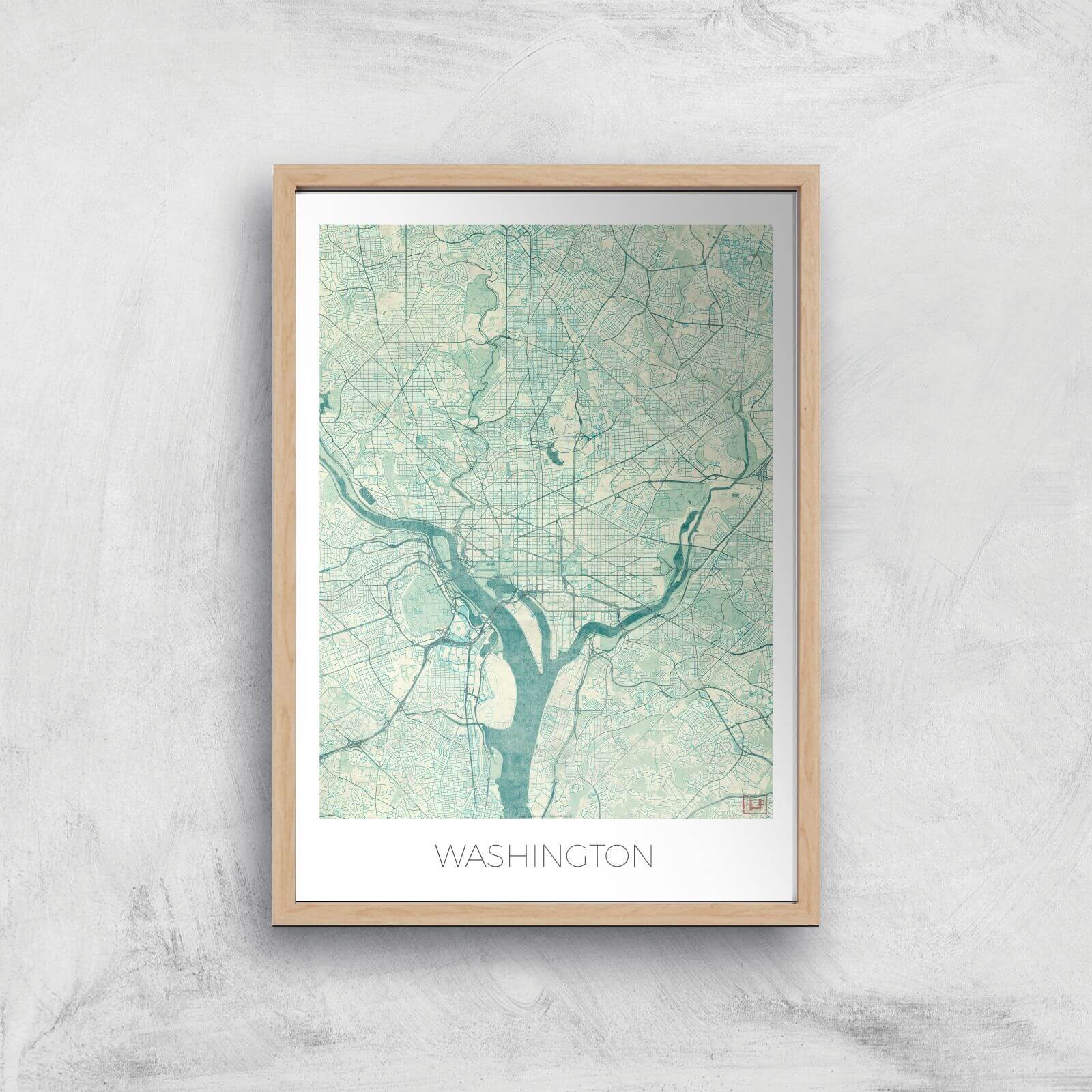 City Art Coloured Washington Map Art Print - A4 - Wood Frame