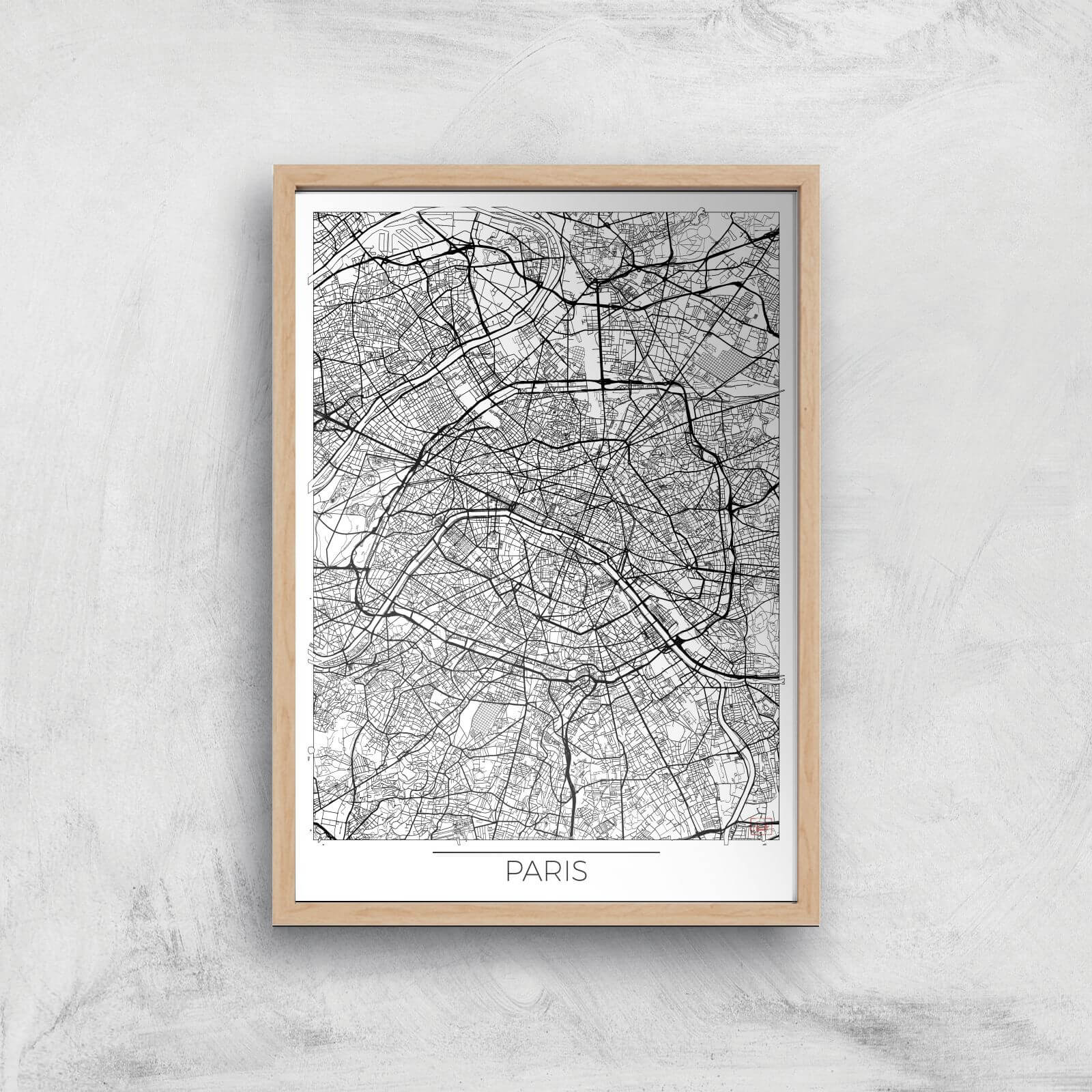 City Art Black and White Outlined Paris Map Art Print - A4 - Wood Frame