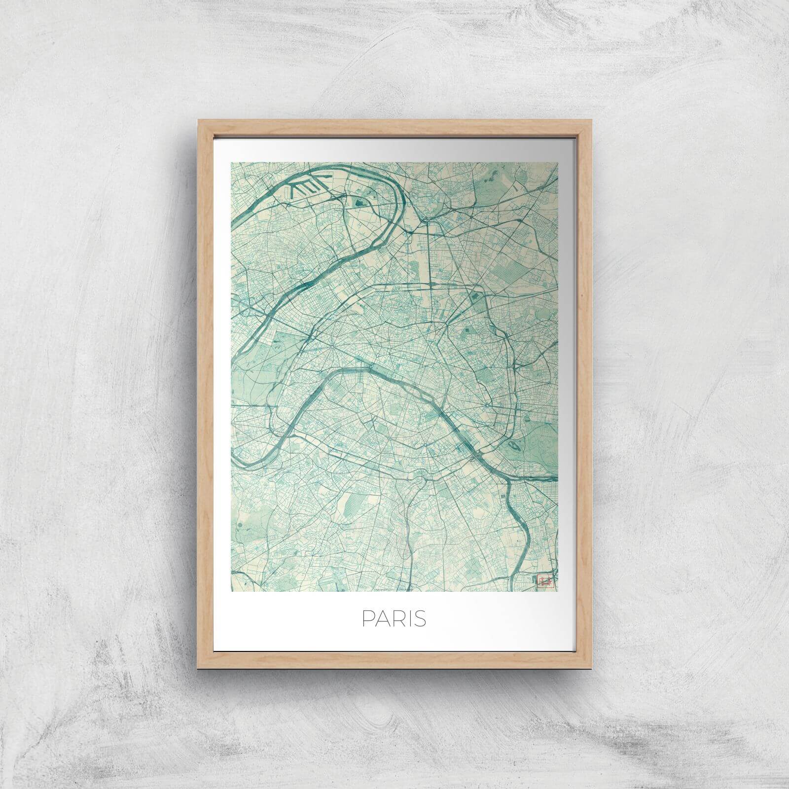 City Art Coloured Paris Map Art Print - A4 - Wood Frame