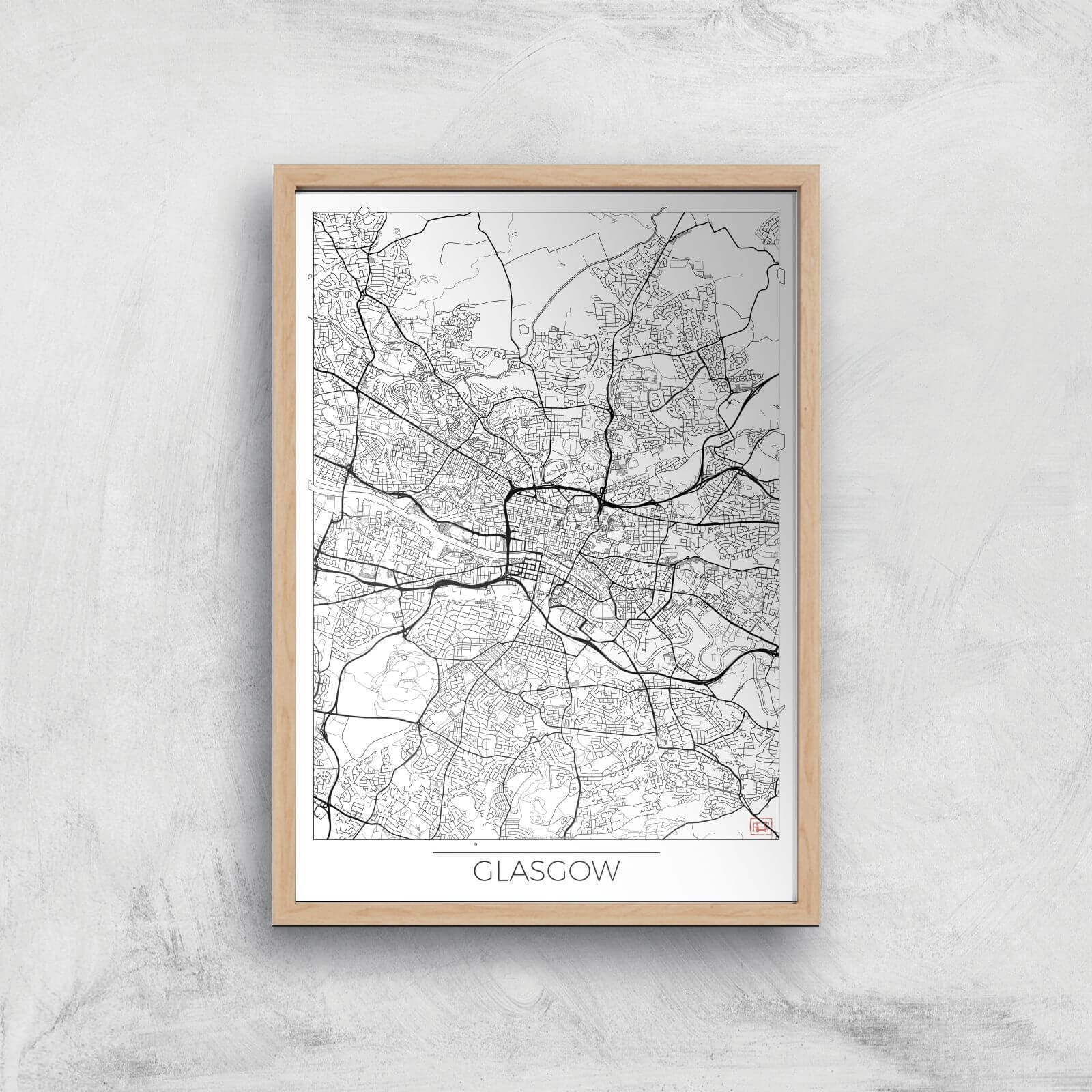 City Art Black and White Outlined Glasgow Map Art Print - A4 - Wood Frame