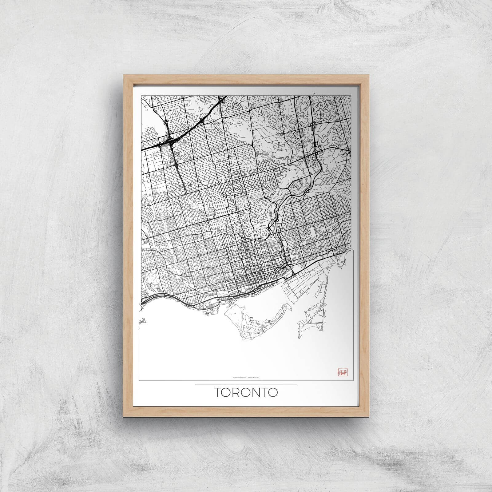 City Art Black and White Outlined Toronto Map Art Print - A4 - Wood Frame
