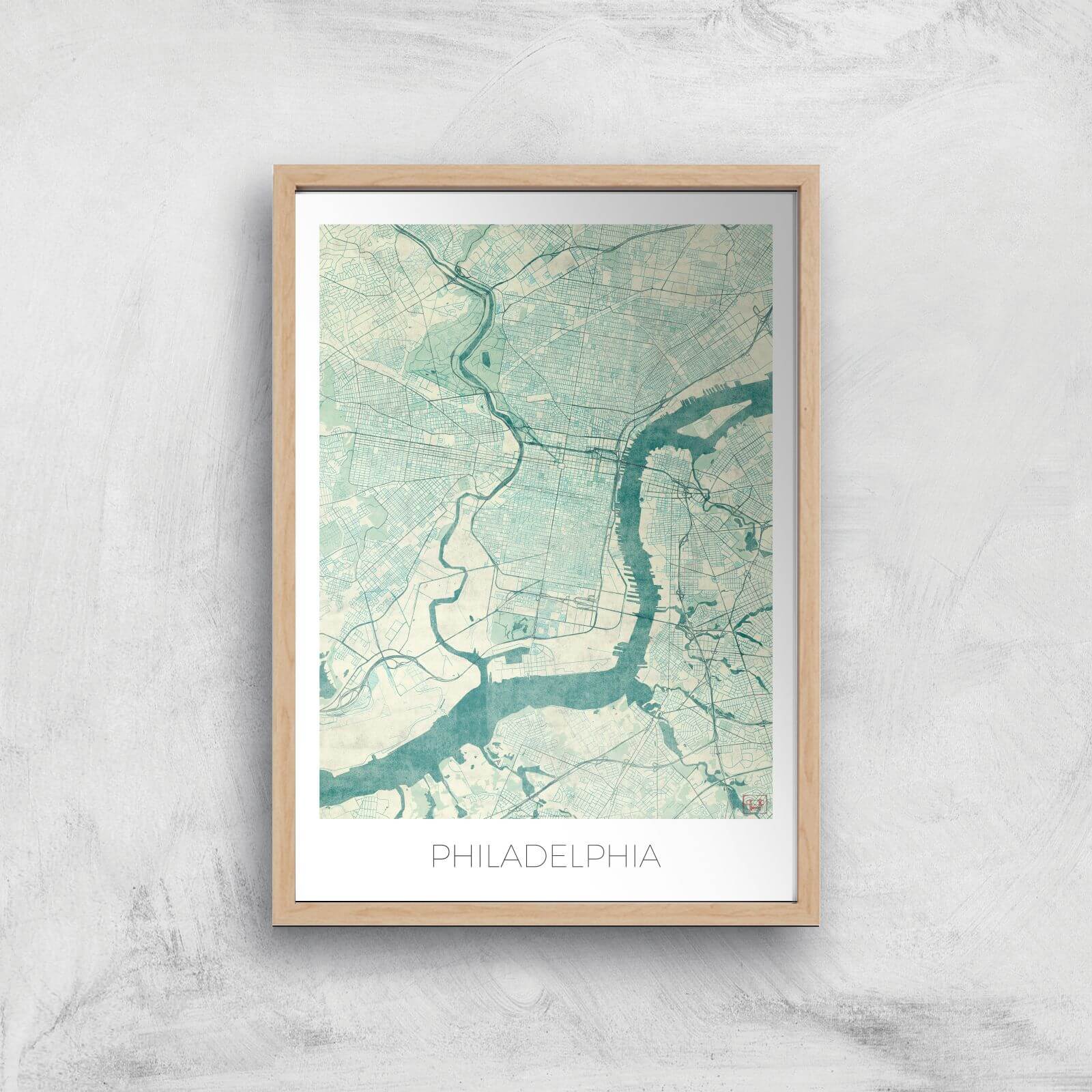 City Art Coloured Philadelphia Map Art Print - A4 - Wood Frame