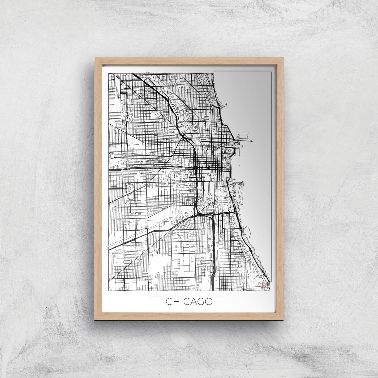 City Art Black and White Outlined Chicago Map Art Print - A4 - Wood Frame