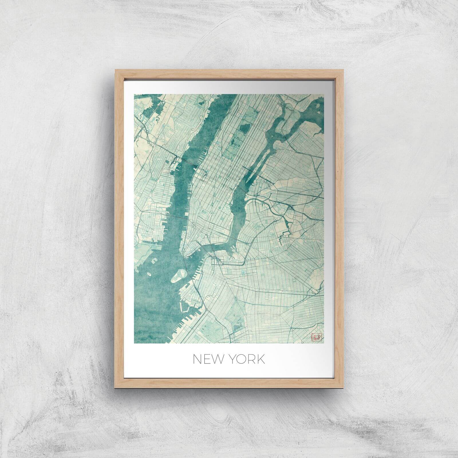 City Art Coloured New York Map Art Print - A4 - Wood Frame