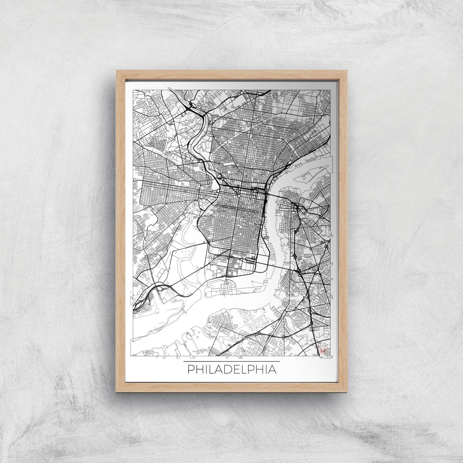 City Art Black and White Outlined Philadelphia Map Art Print - A4 - Wood Frame