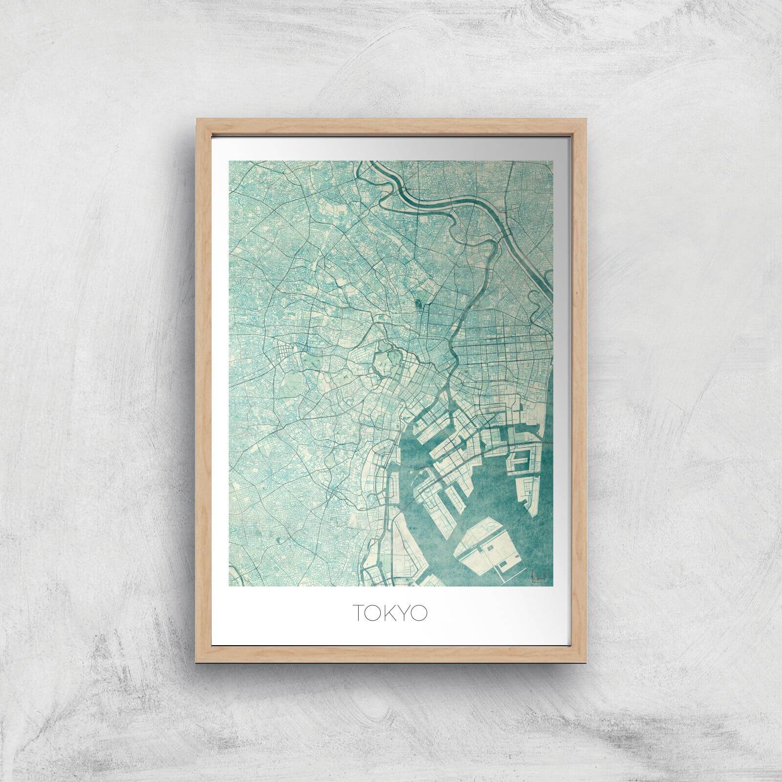 City Art Coloured Tokyo Map Art Print - A4 - Wood Frame