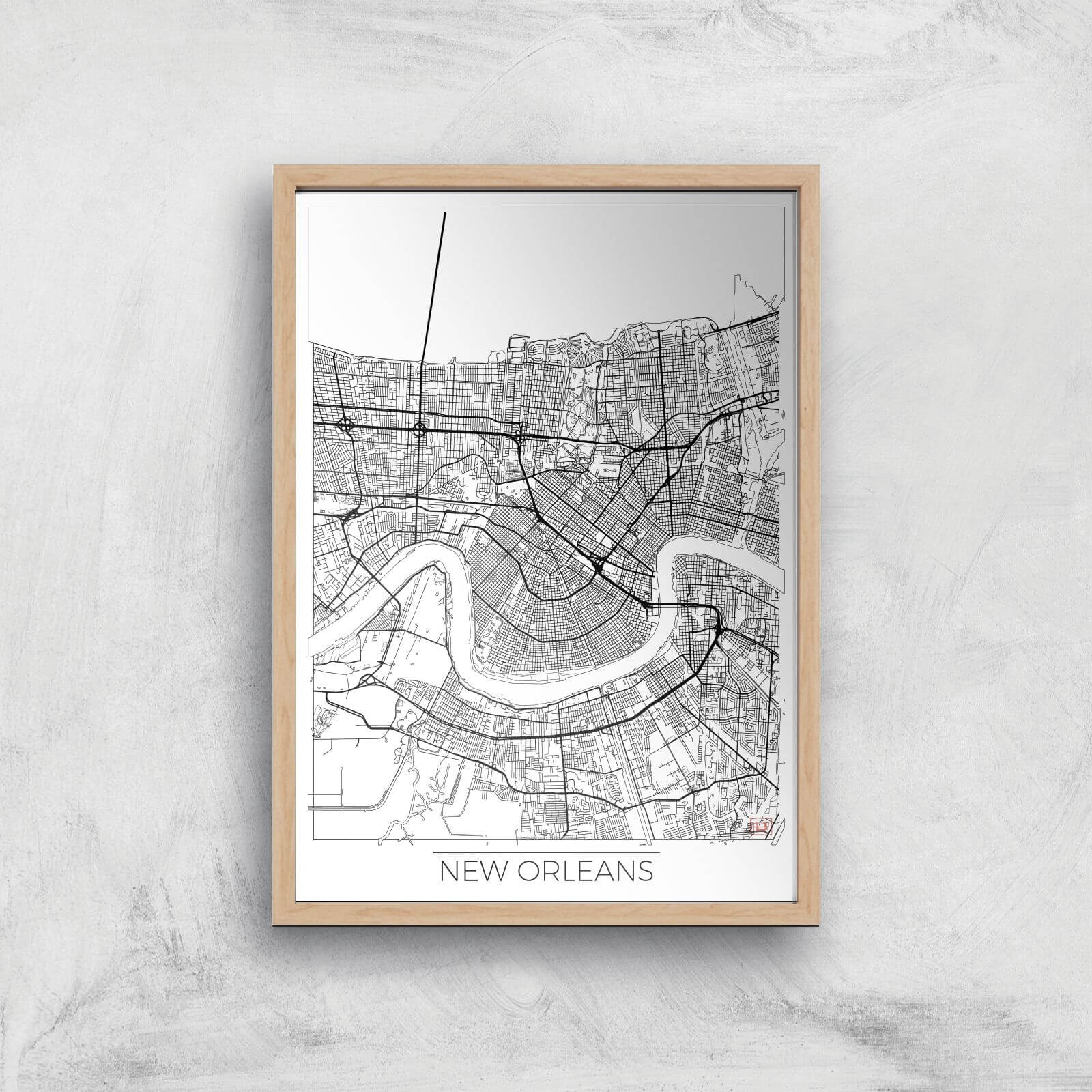 City Art Black and White Outlined New orleans Map Art Print - A4 - Wood Frame