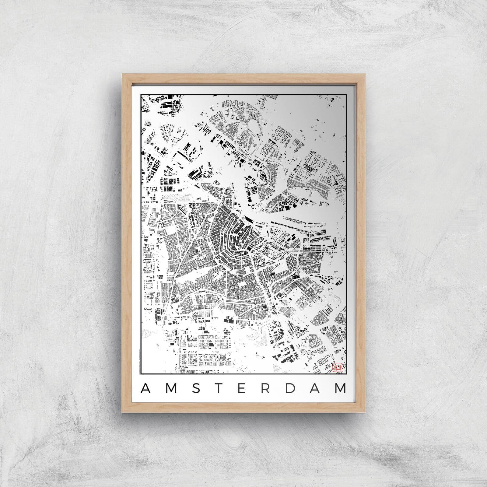 City Art Black and White Amsterdam Map Art Print - A4 - Wood Frame