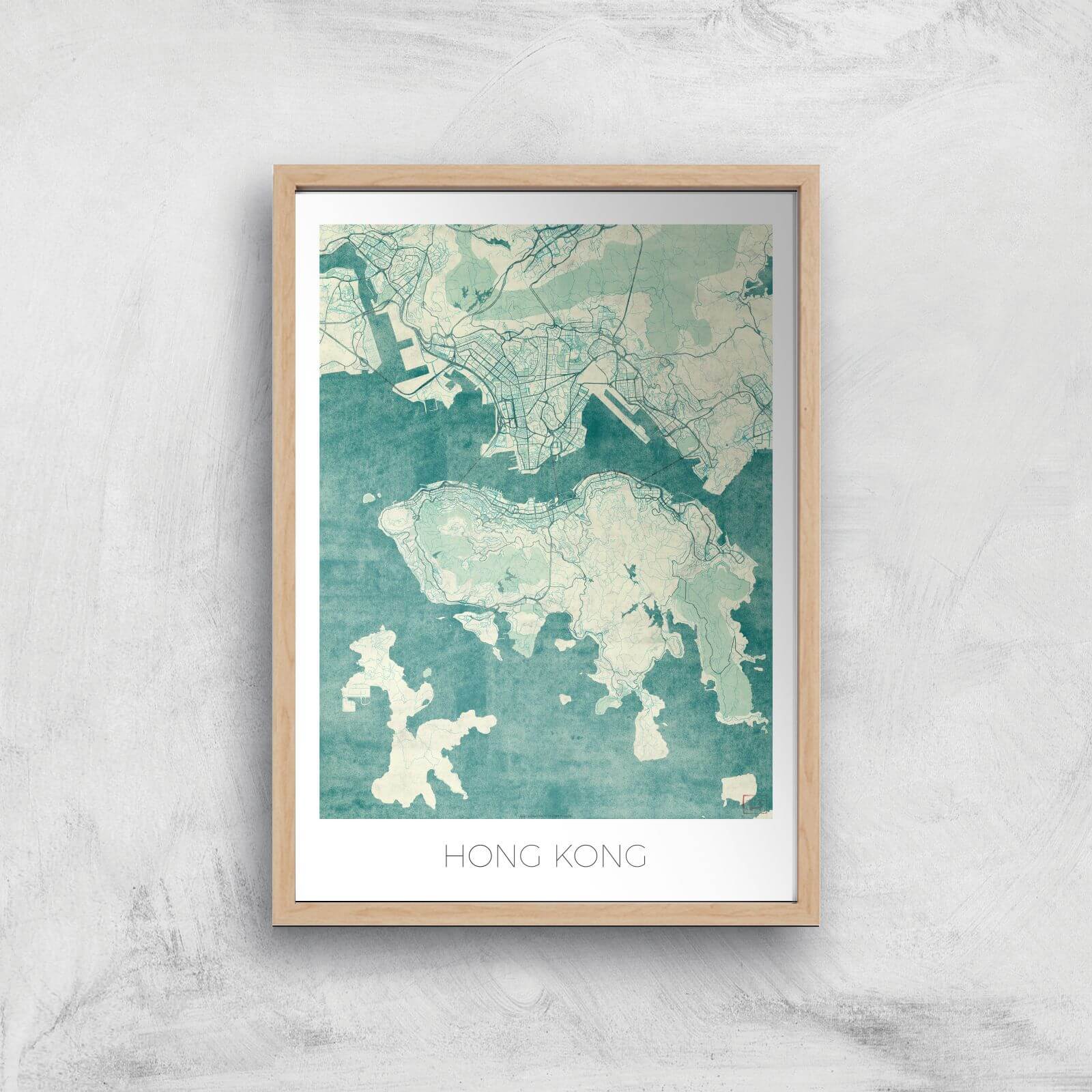 City Art Coloured Hong Kong Map Art Print - A4 - Wood Frame
