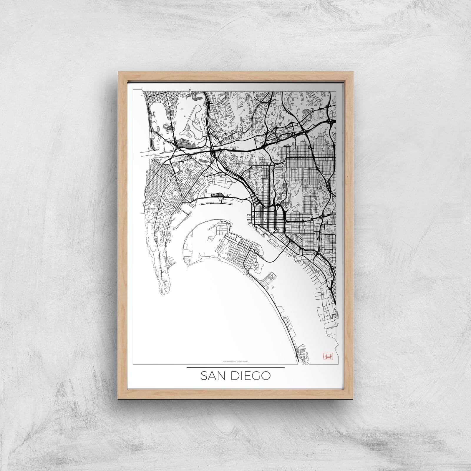 City Art Black and White Outlined San Diego Map Art Print - A4 - Wood Frame
