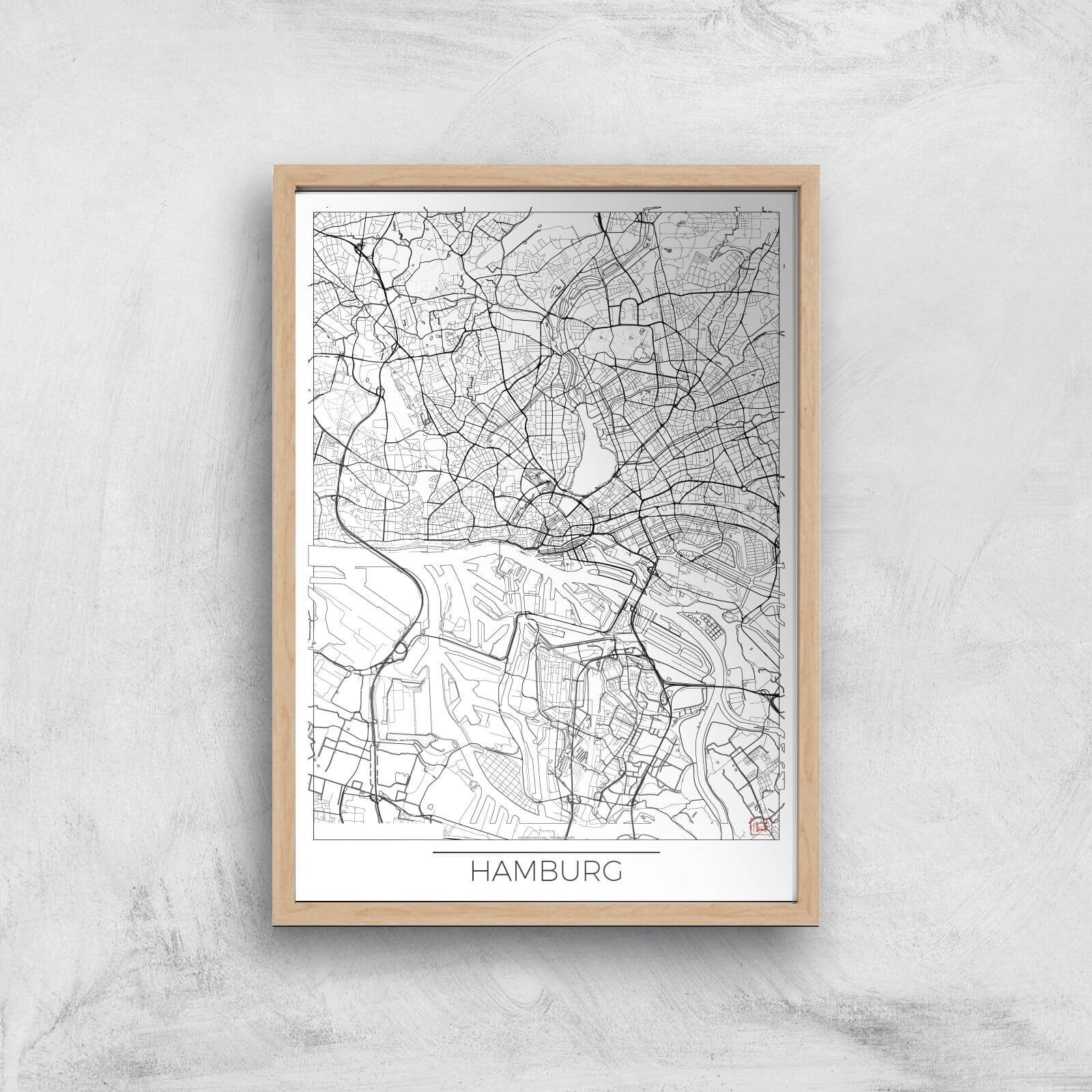 City Art Black and White Outlined Hamburg Map Art Print - A4 - Wood Frame