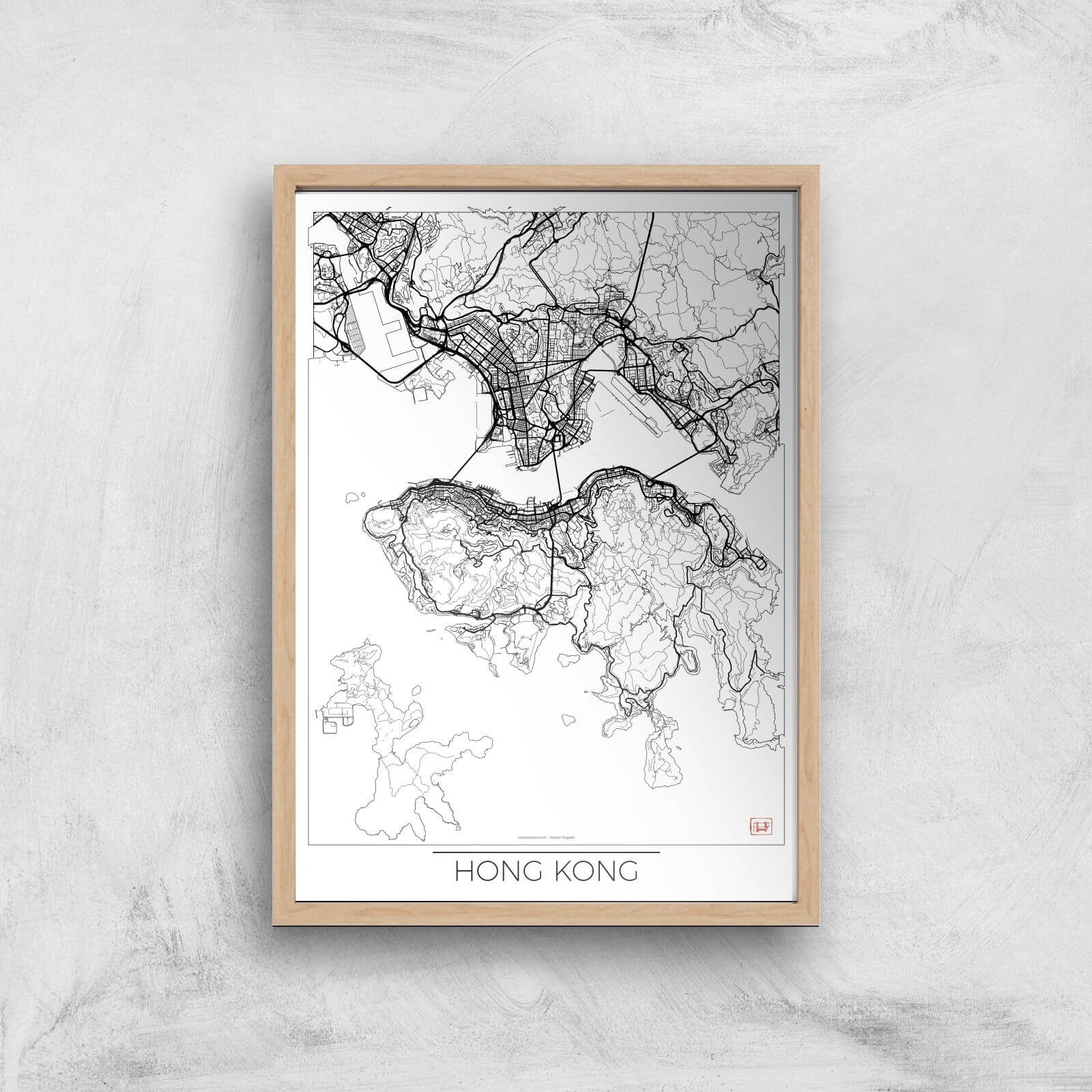 City Art Black and White Outlined Hong Kong Map Art Print - A4 - Wood Frame