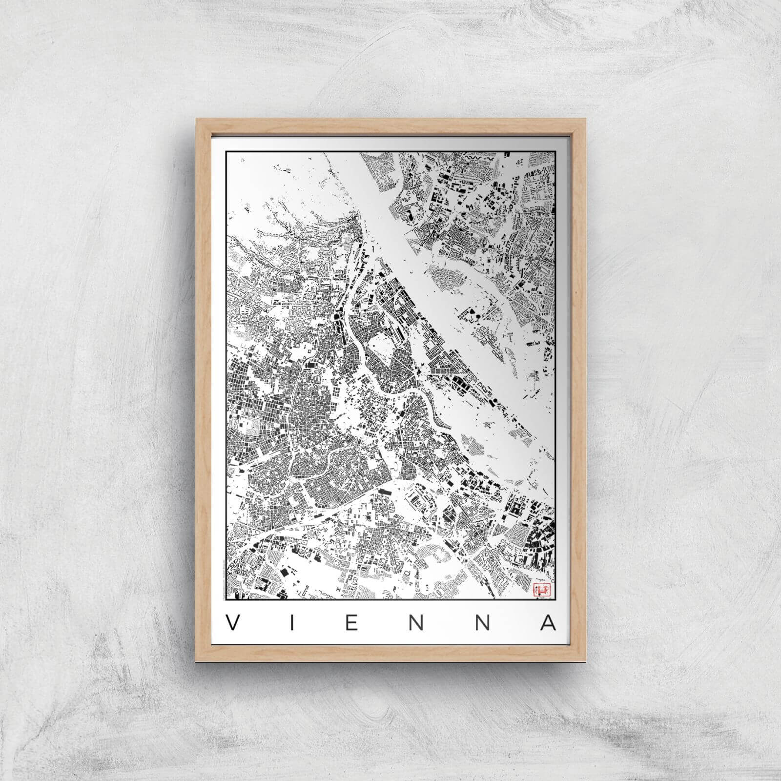 City Art Black and White Vienna Map Art Print - A4 - Wood Frame