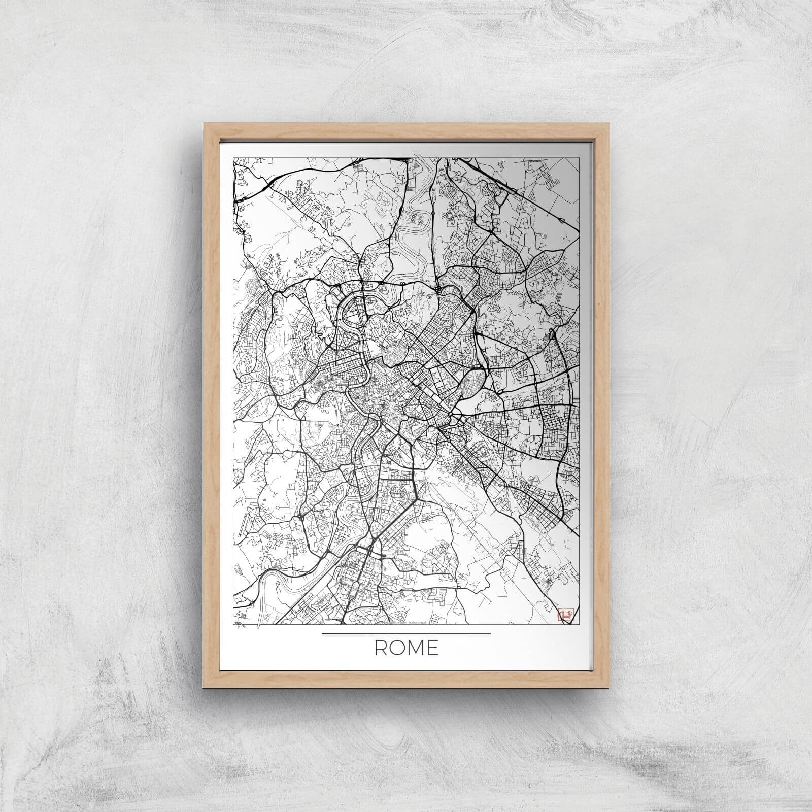 City Art Black and White Outlined Rome Map Art Print - A4 - Wood Frame