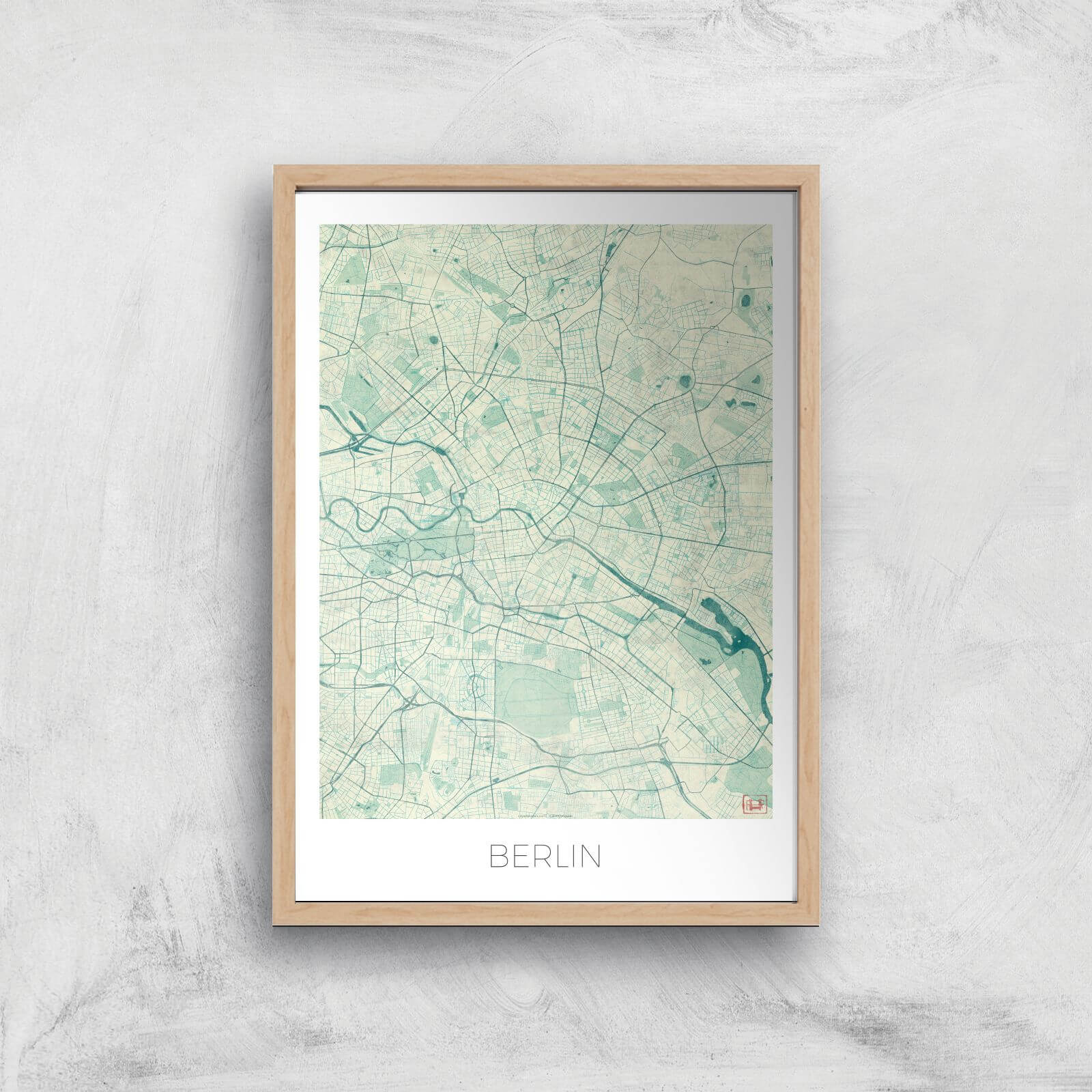 City Art Coloured Berlin Map Art Print - A4 - Wood Frame