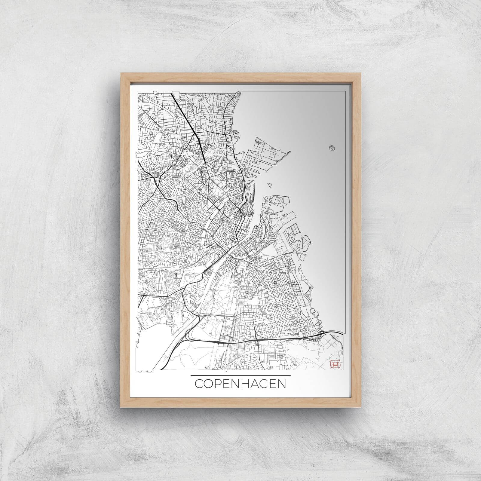 City Art Black and White Outlined Copenhagen Map Art Print - A4 - Wood Frame