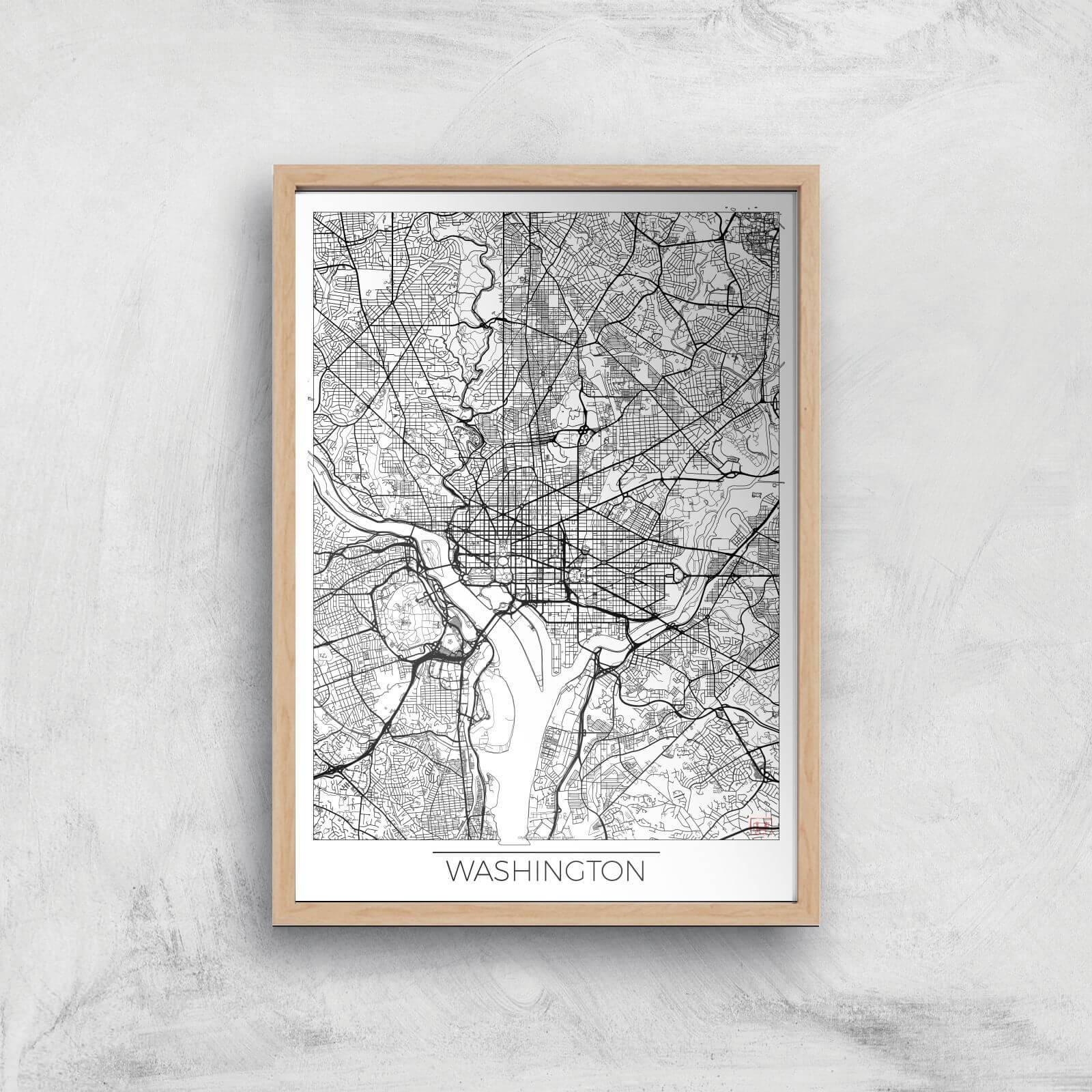 City Art Black and White Outlined Washington Map Art Print - A4 - Wood Frame