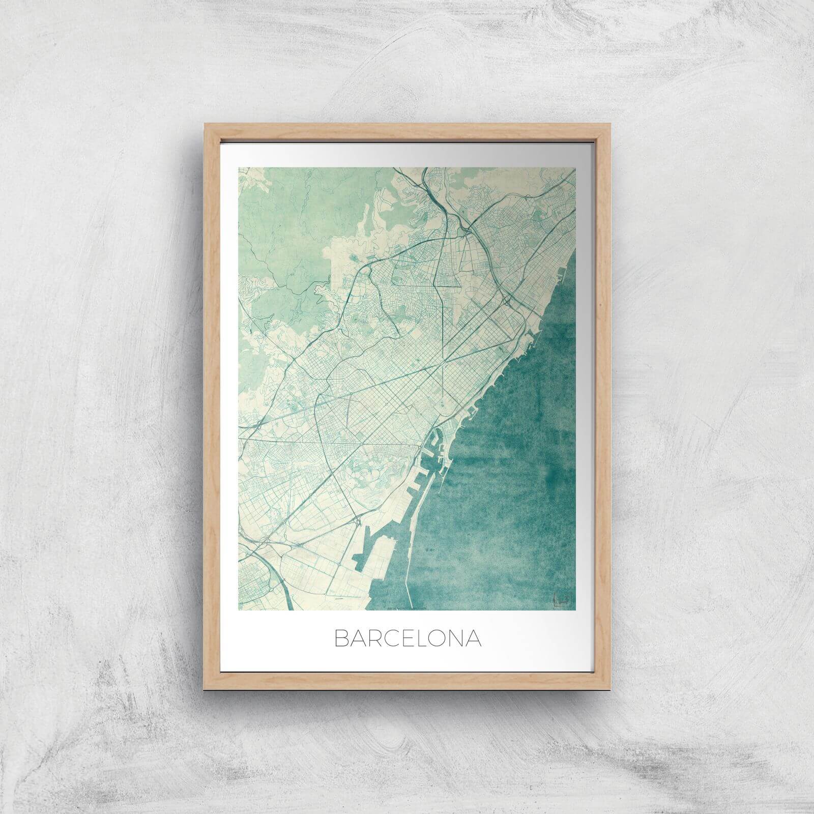 City Art Coloured Barcelona Map Art Print - A4 - Wood Frame