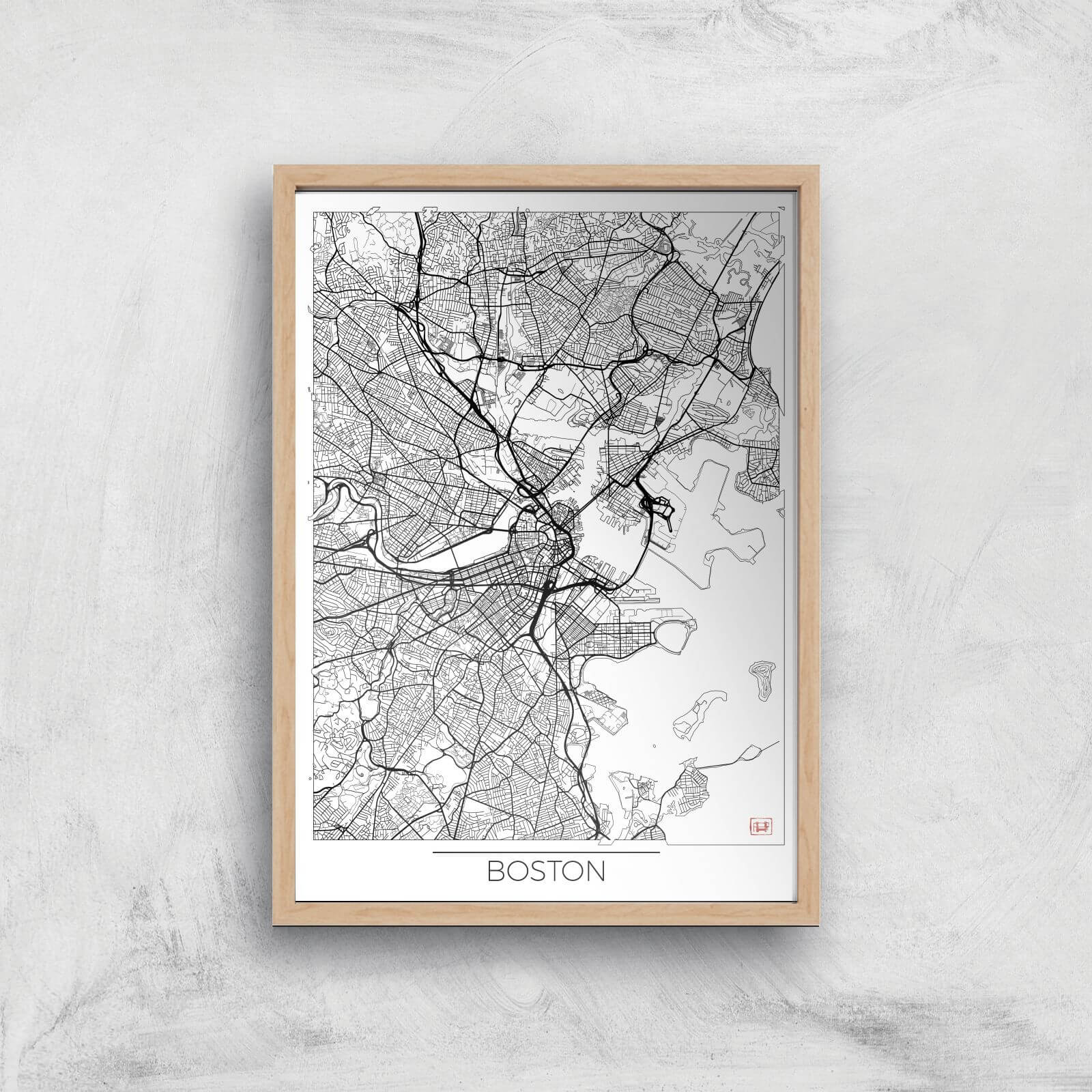 City Art Black and White Outlined Boston Map Art Print - A4 - Wood Frame