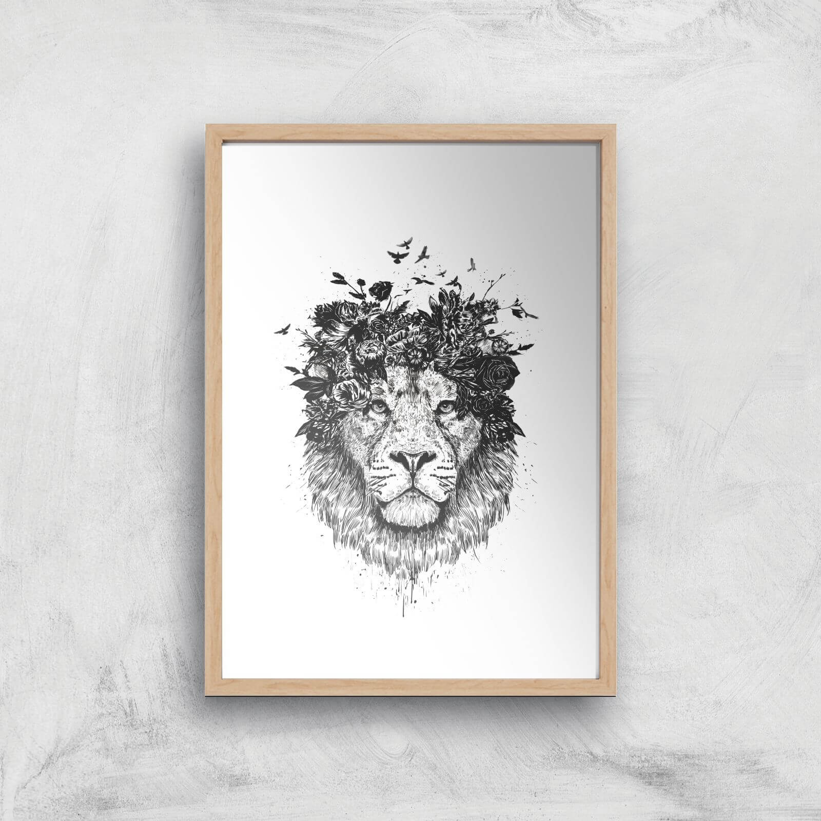 Balazs Solti Lion and Flowers Art Print - A4 - Wood Frame