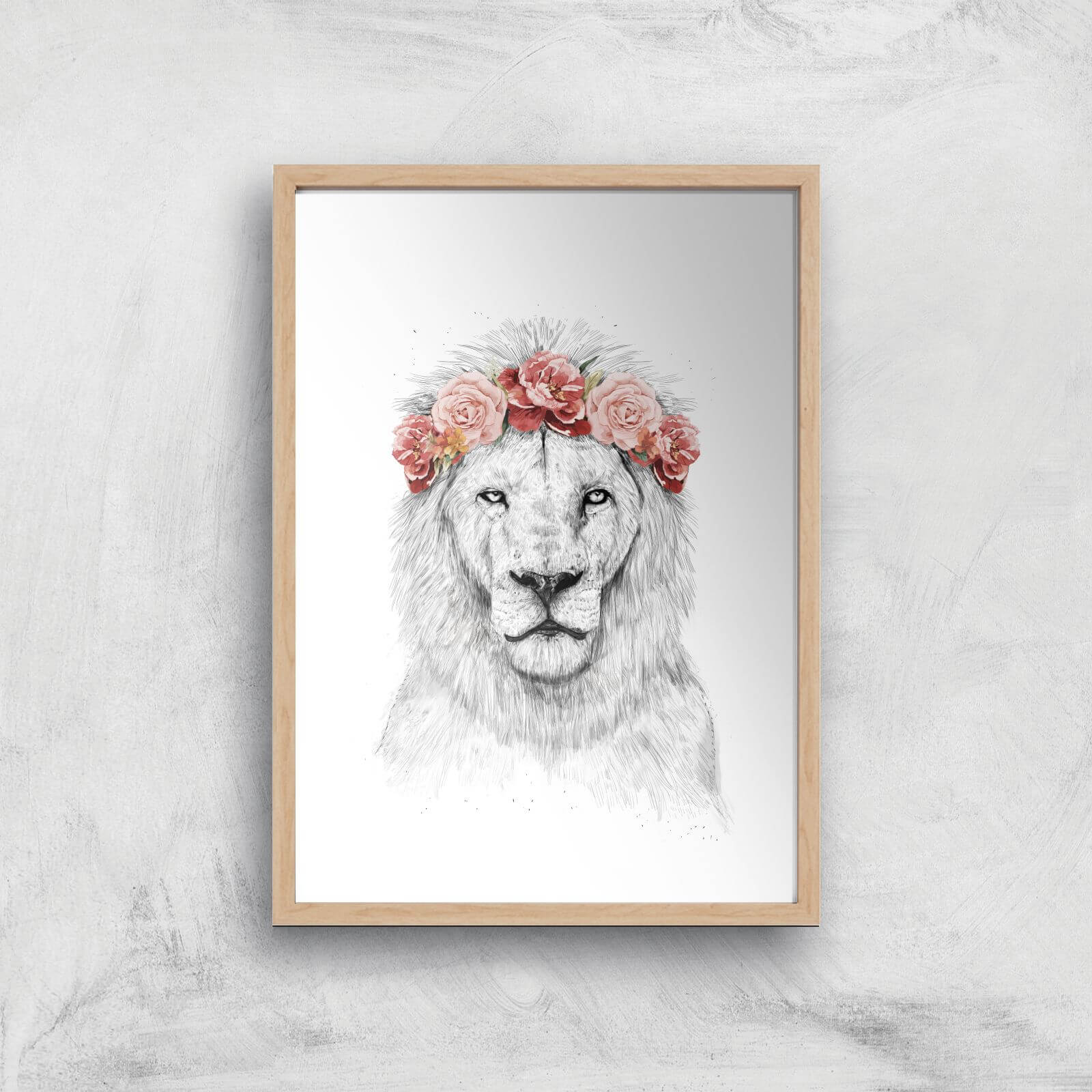 Balazs Solti Lion and Flowers Art Print - A4 - Wood Frame