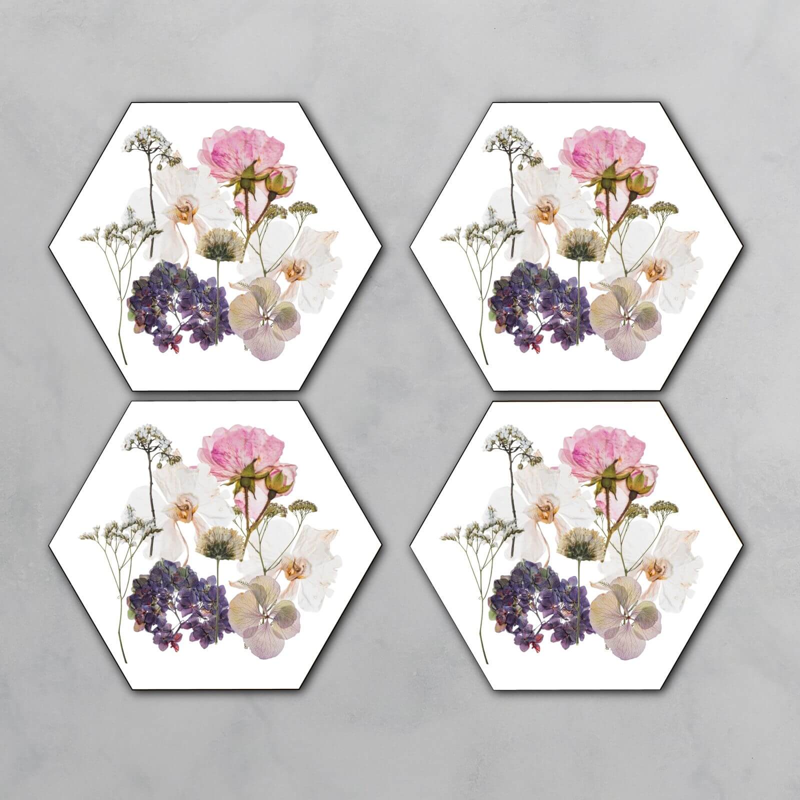 Pink And Purple Pressed Flowers Hexagonal Coaster Set