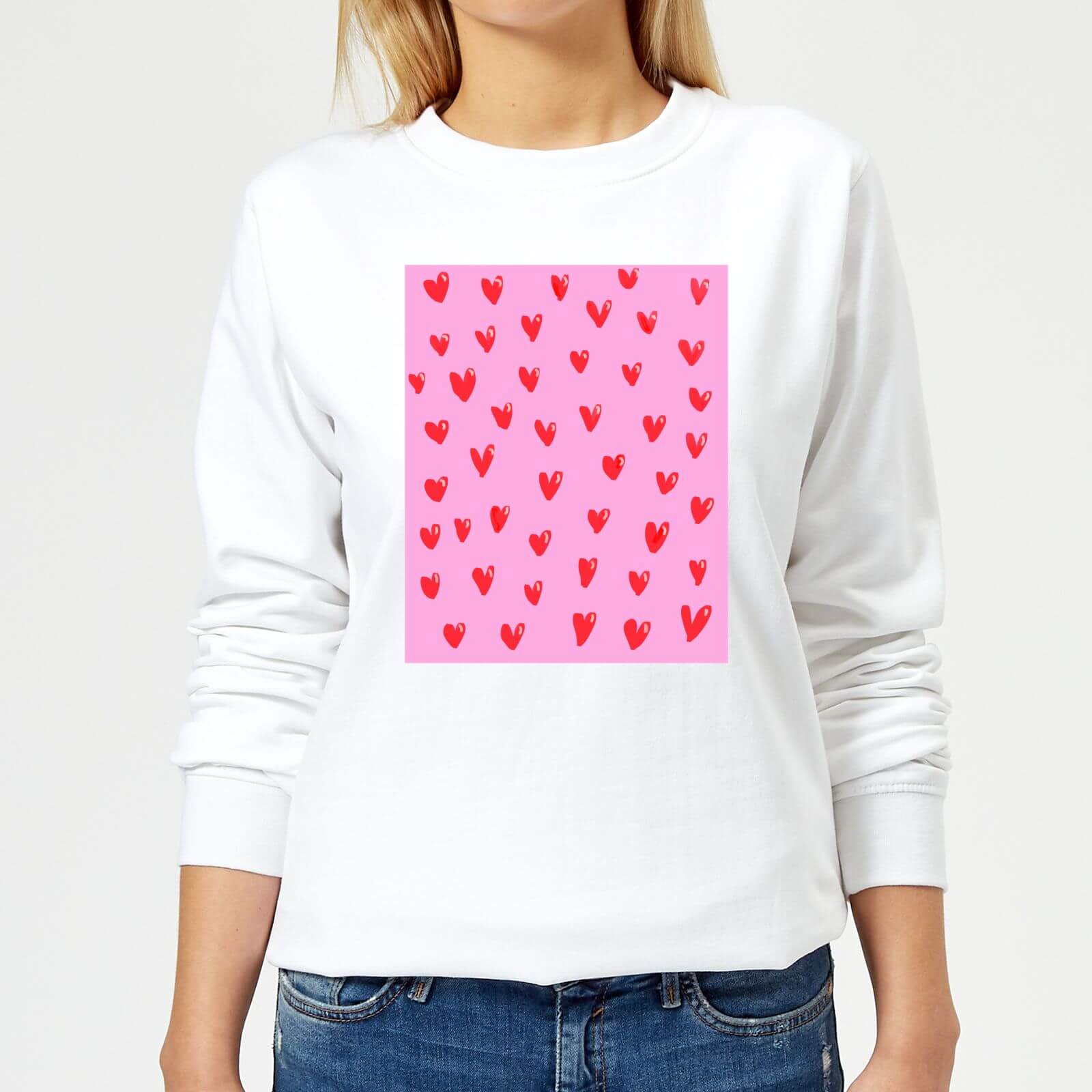Hand Drawn Red Heart Pattern Women's Sweatshirt - White - XS - White