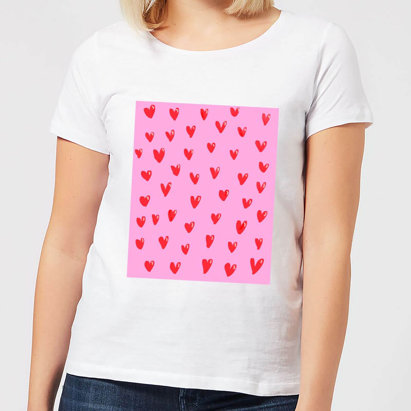 Hand Drawn Red Heart Pattern Women's T-Shirt - White - S - White