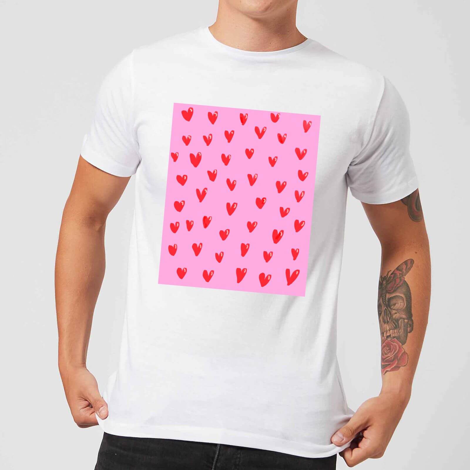 Hand Drawn Red Heart Pattern Men's T-Shirt - White - S - White