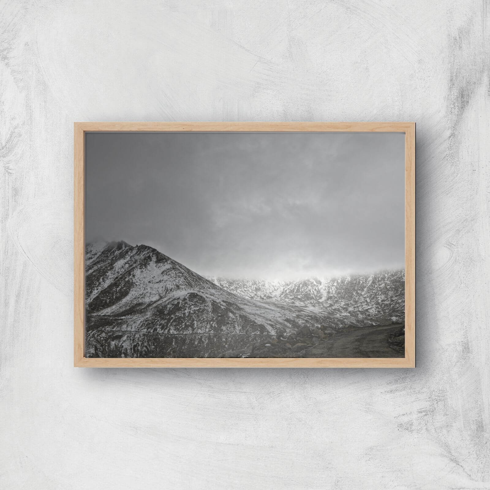 Greyscale Mountain Giclee Art Print - A4 - Wooden Frame