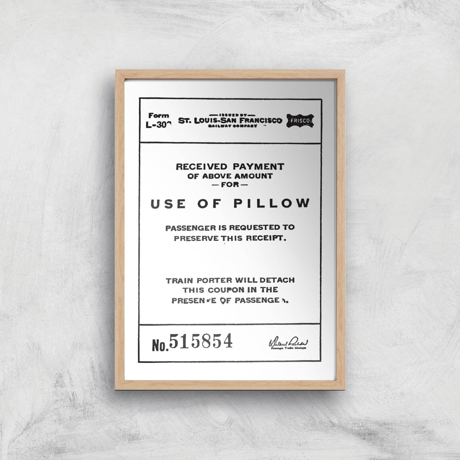 Use Of Pillow Ticket Giclee Art Print - A3 - Wooden Frame