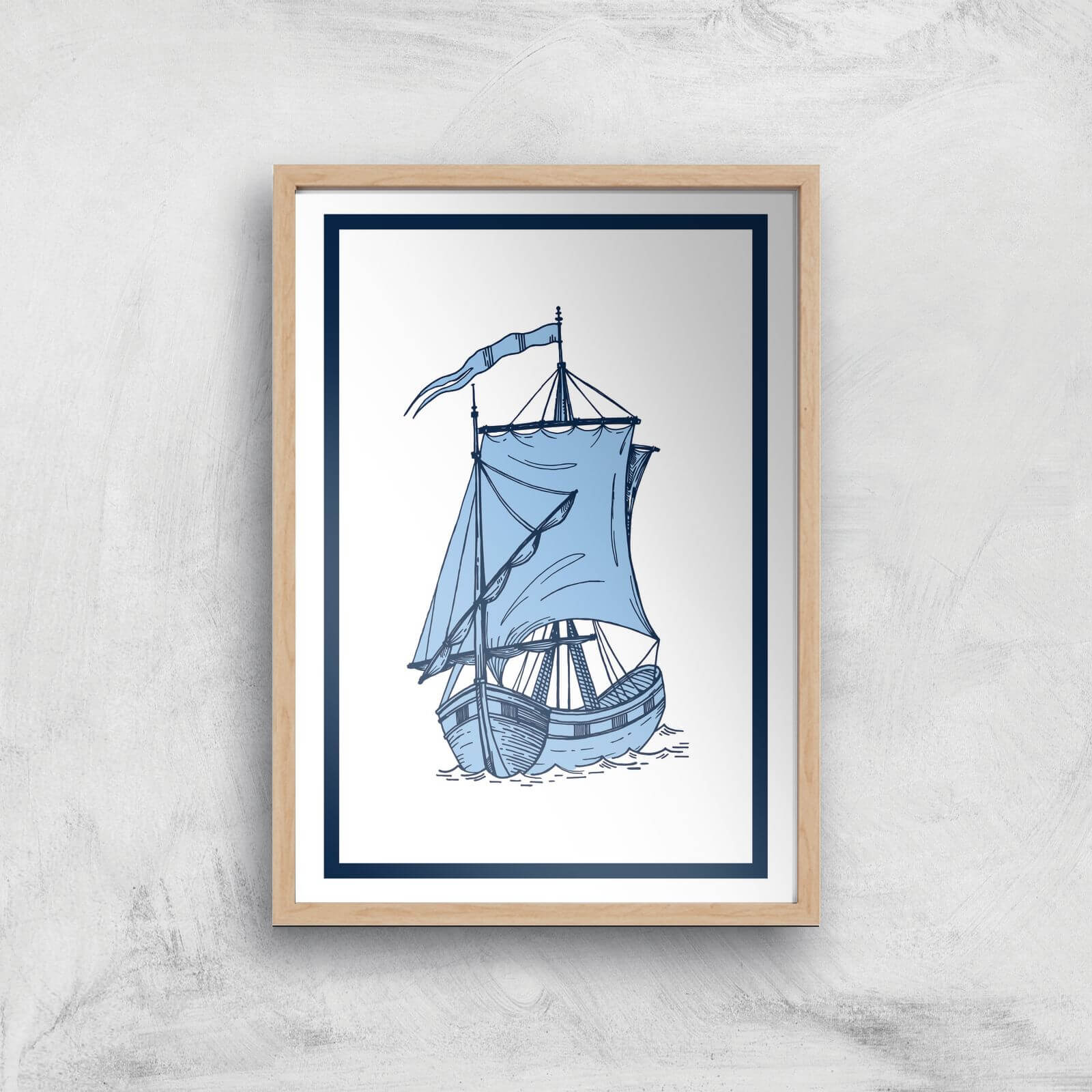 Blue Ship Giclee Art Print - A3 - Wooden Frame