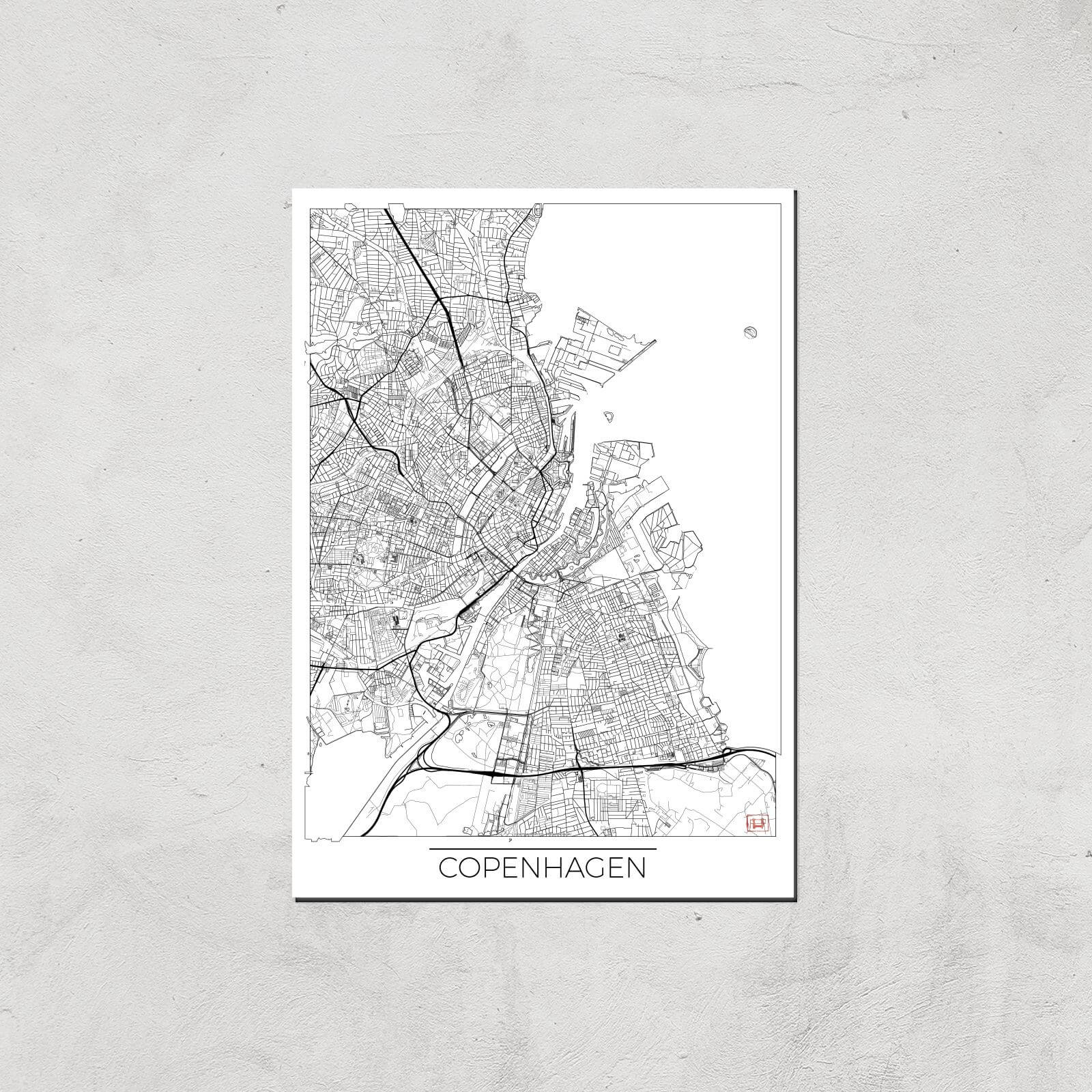 City Art Black and White Outlined Copenhagen Map Art Print - A2 - Print Only