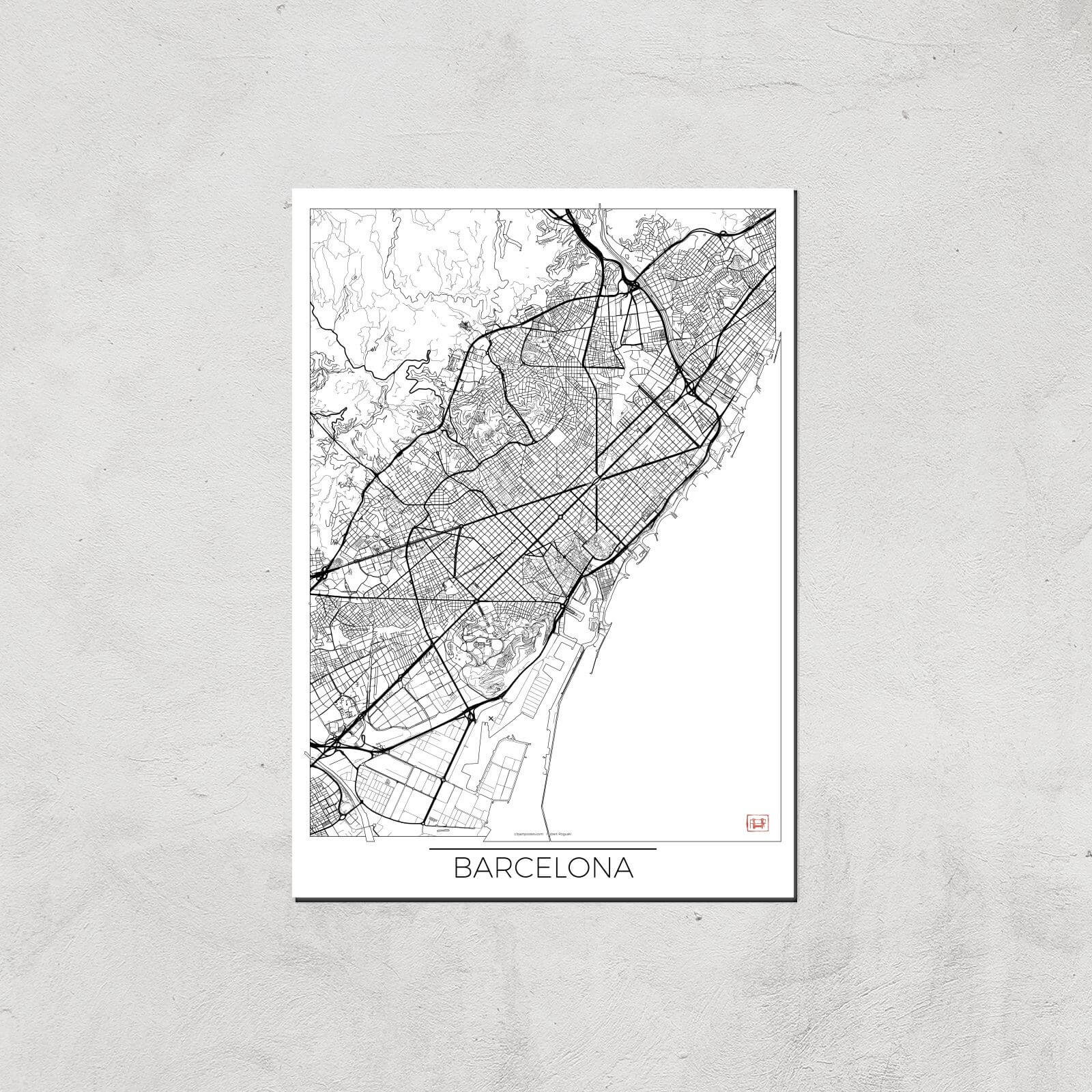 City Art Black and White Outlined Barcelona Map Art Print - A2 - Print Only