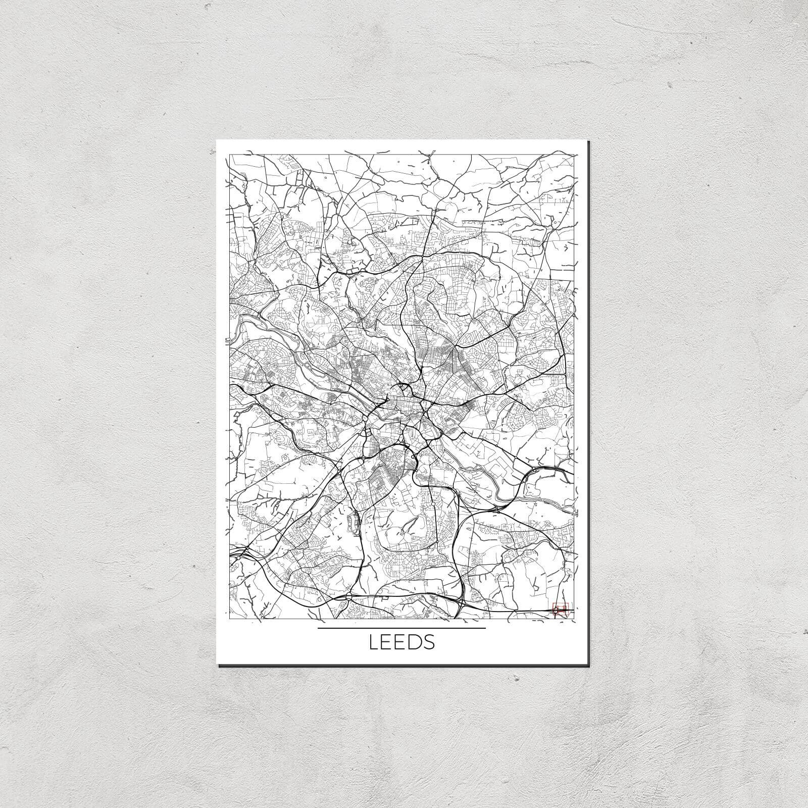 City Art Black and White Outlined Leeds Map Art Print - A2 - Print Only