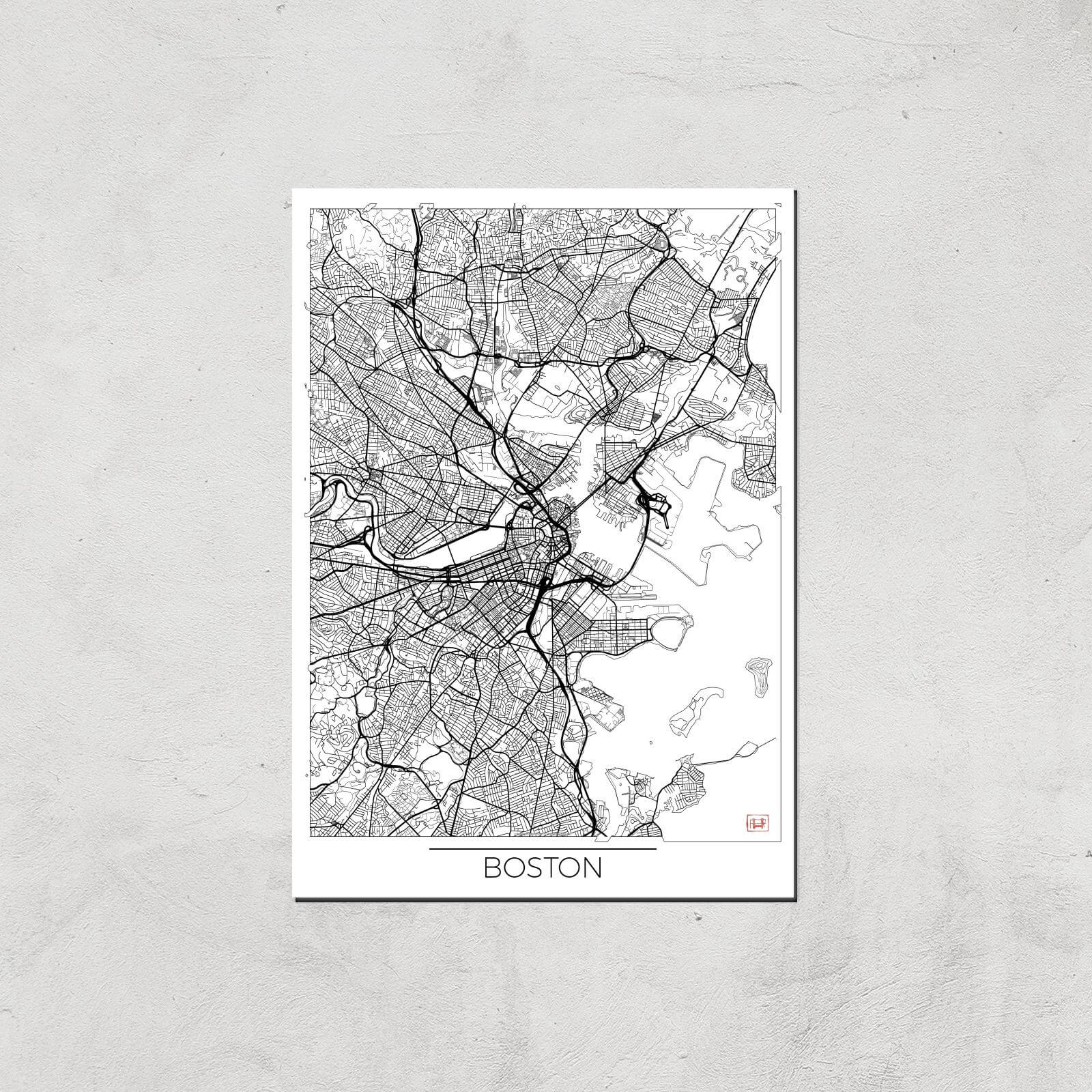 City Art Black and White Outlined Boston Map Art Print - A2 - Print Only