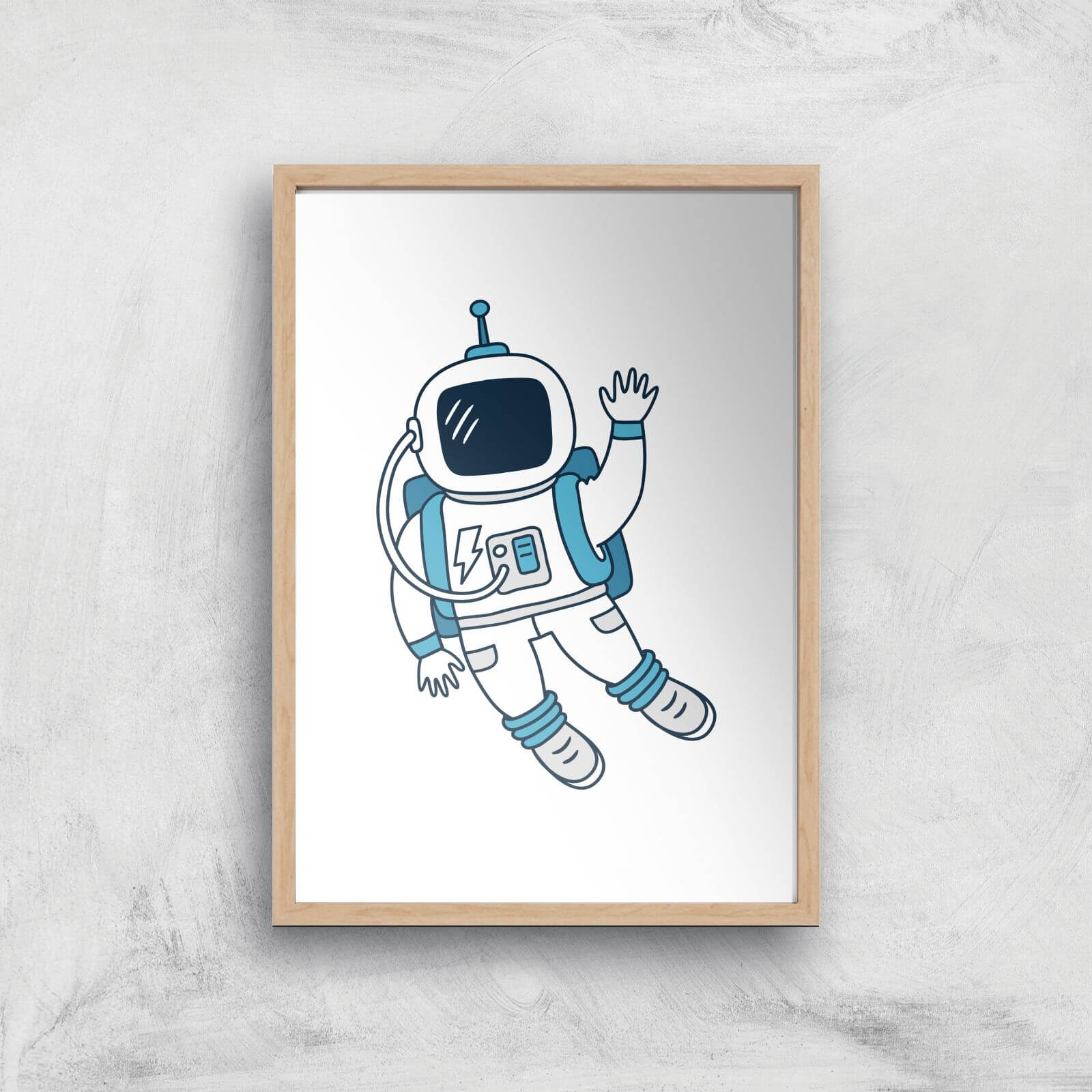 Astronaut Waving Art Print - A4 - Wooden Frame