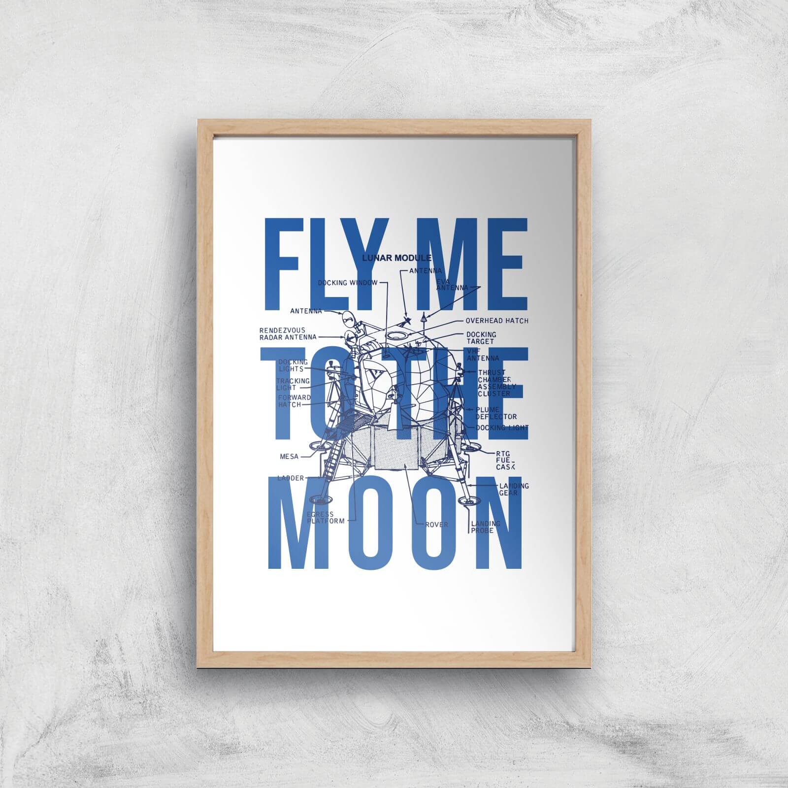 Fly Me To The Moon Blue Print Art Print - A2 - Wooden Frame