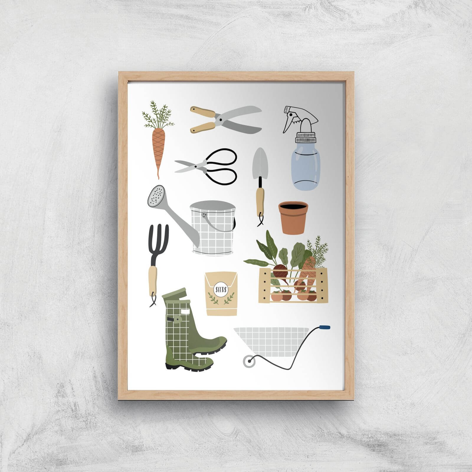 Garden Items Art Print - A3 - Wooden Frame