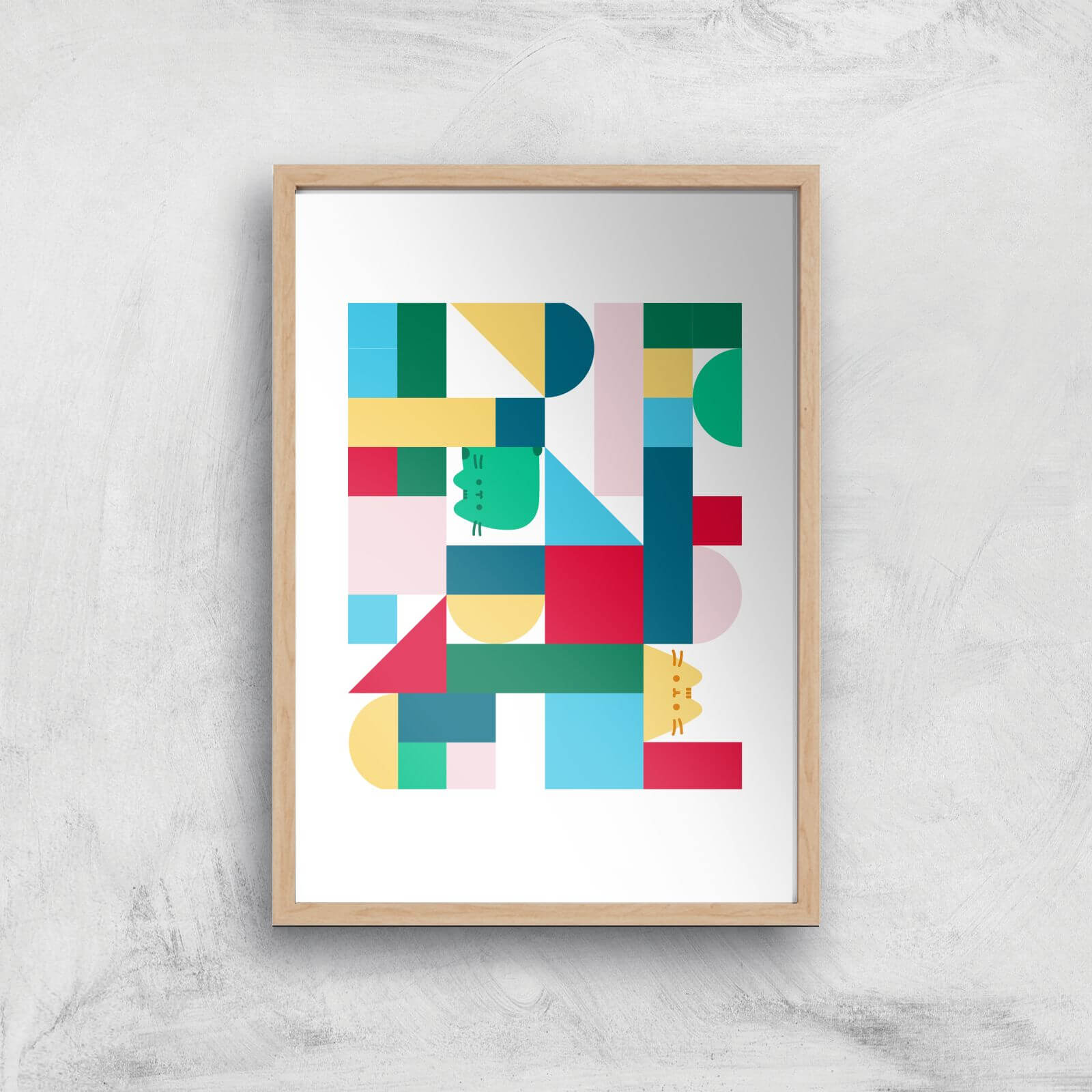 Pusheen Geometric Block Print Giclee Art Print - A2 - Wooden Frame