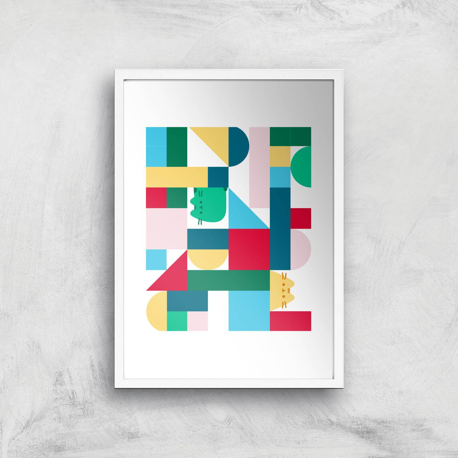 Pusheen Geometric Block Print Giclee Art Print - A2 - White Frame