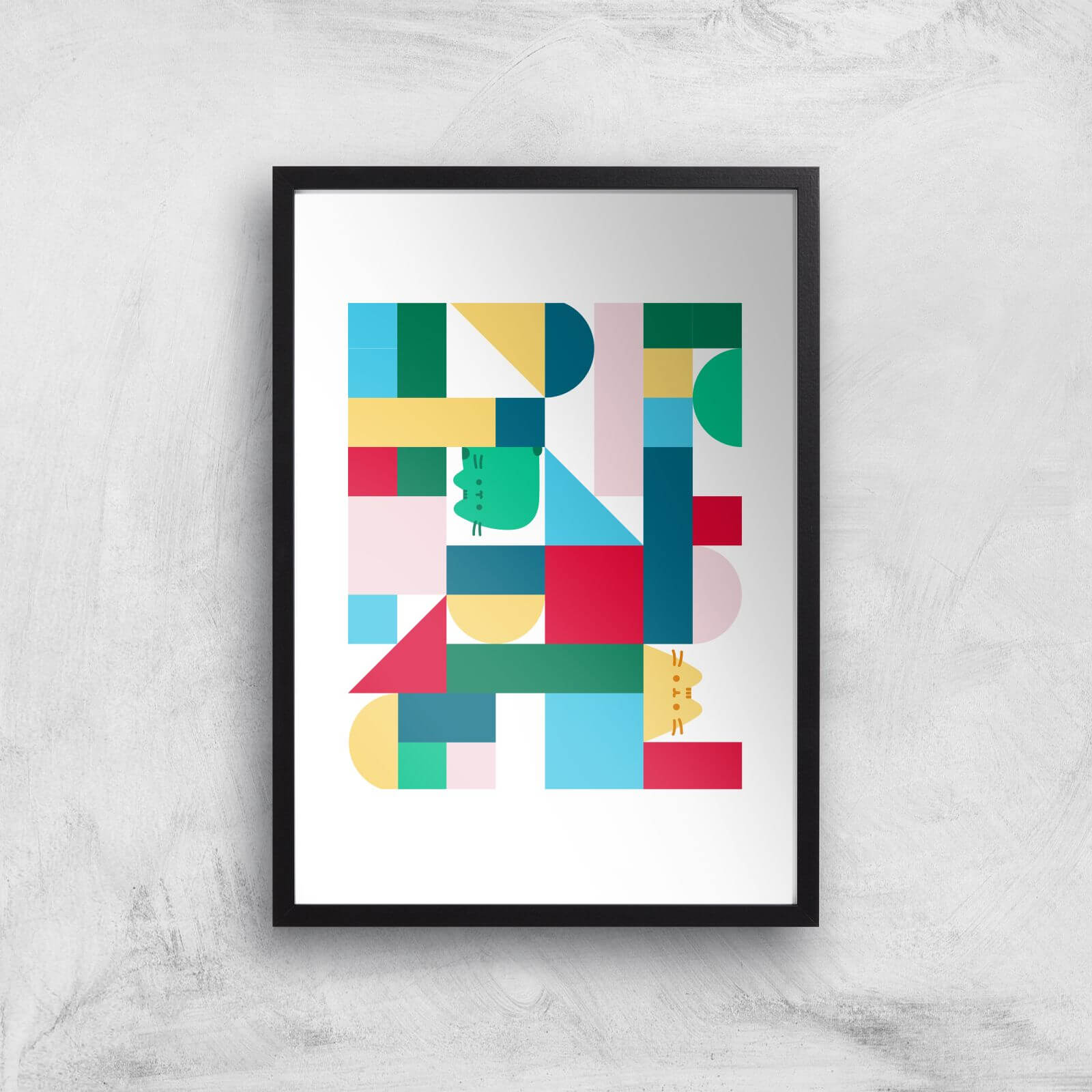 Pusheen Geometric Block Print Giclee Art Print - A2 - Black Frame