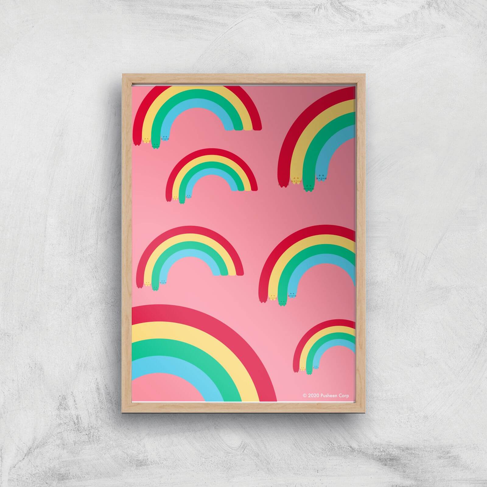 Pusheen Multi Rainbow Giclee Art Print - A2 - Wooden Frame