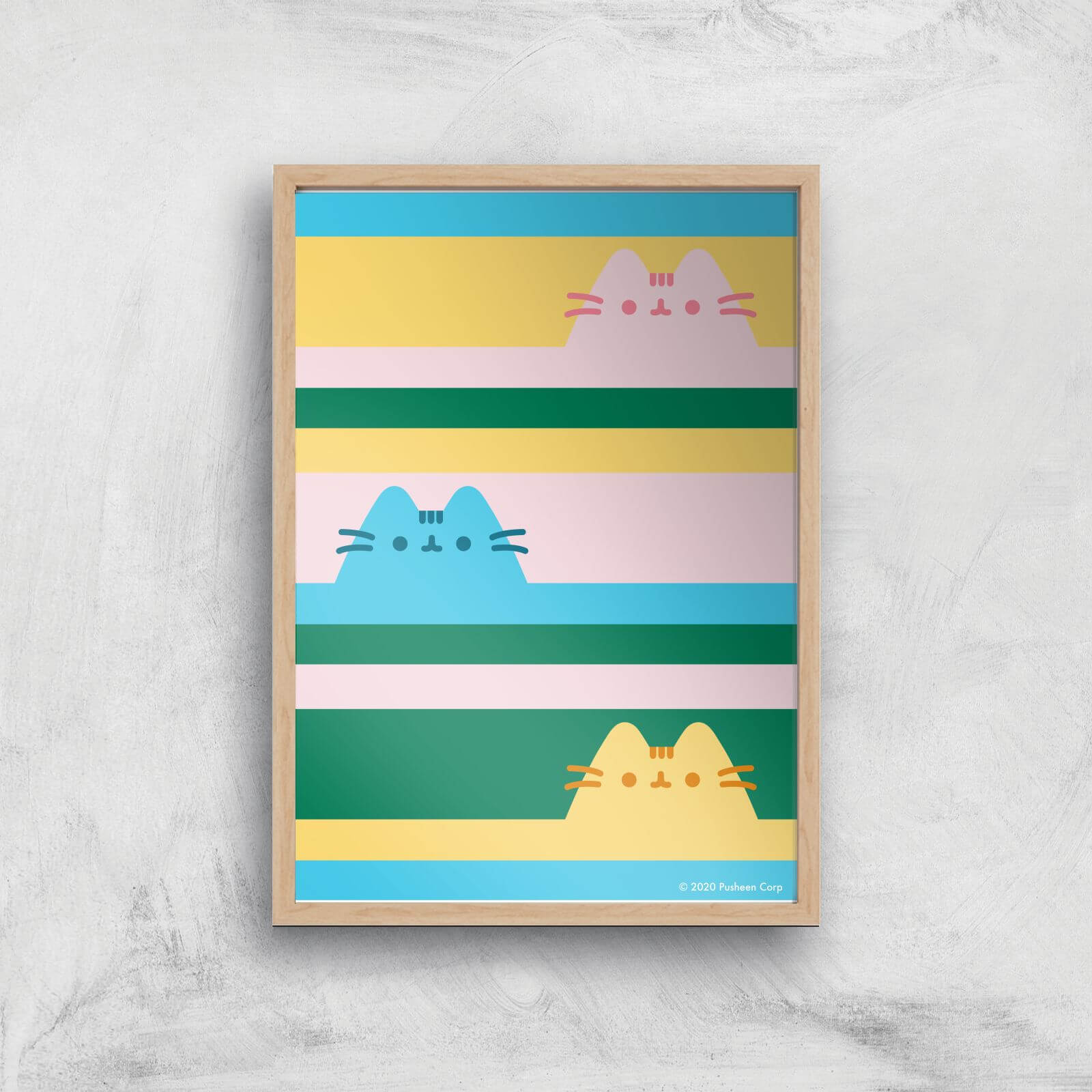 Pusheen Trio Stripes Giclee Art Print - A4 - Wooden Frame